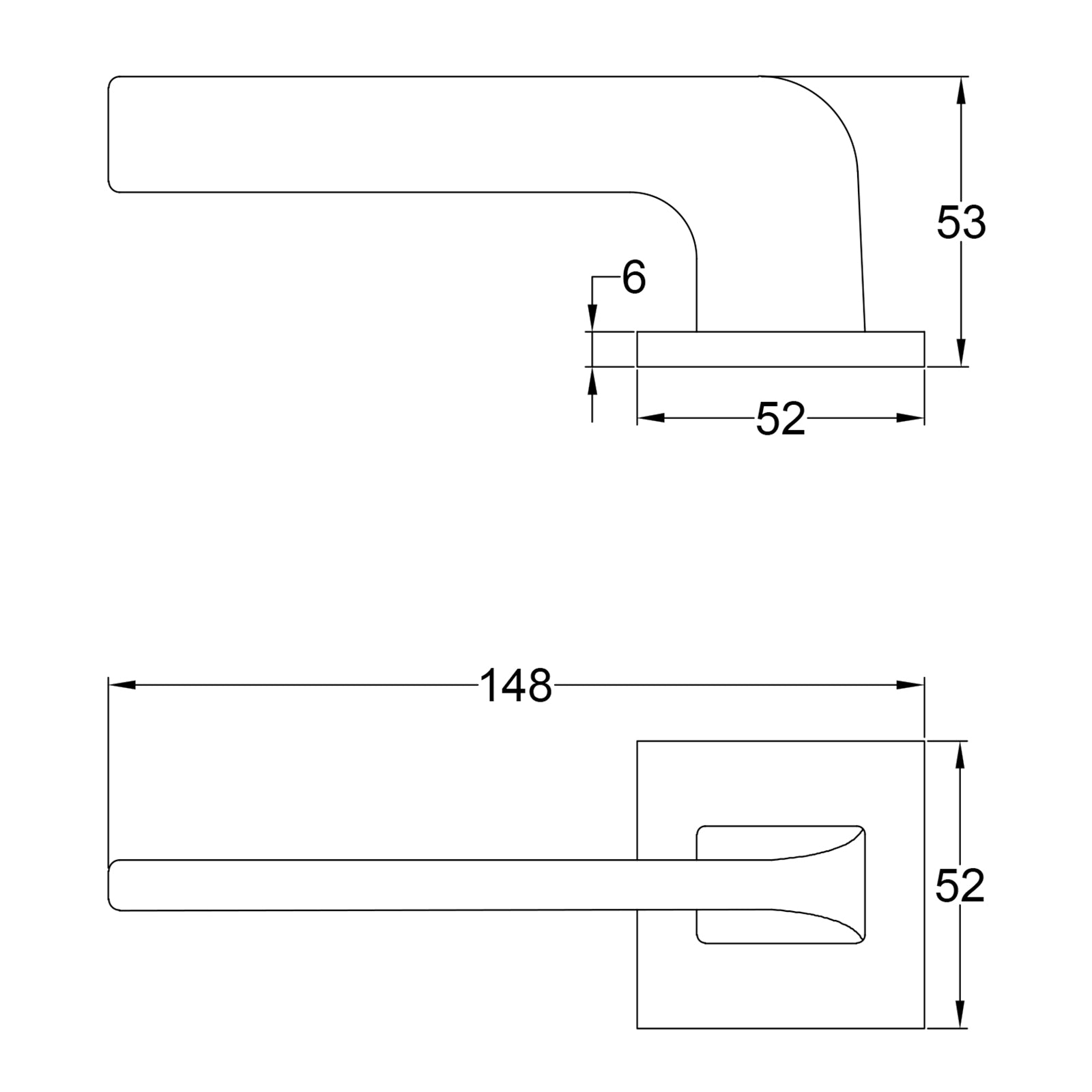 Simple Dimension Drawing of Perdrada  Lever on Square Rose Door Handles SHOW