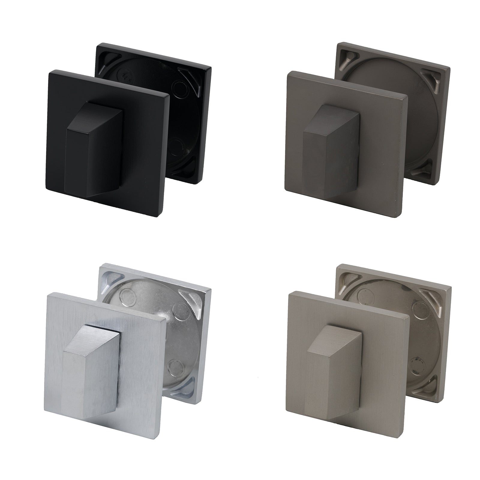 Tupai square rose bathroom turn and release, in four finishes, Nickel Pearl, Black Pearl, Satin Chrome, and Titan.