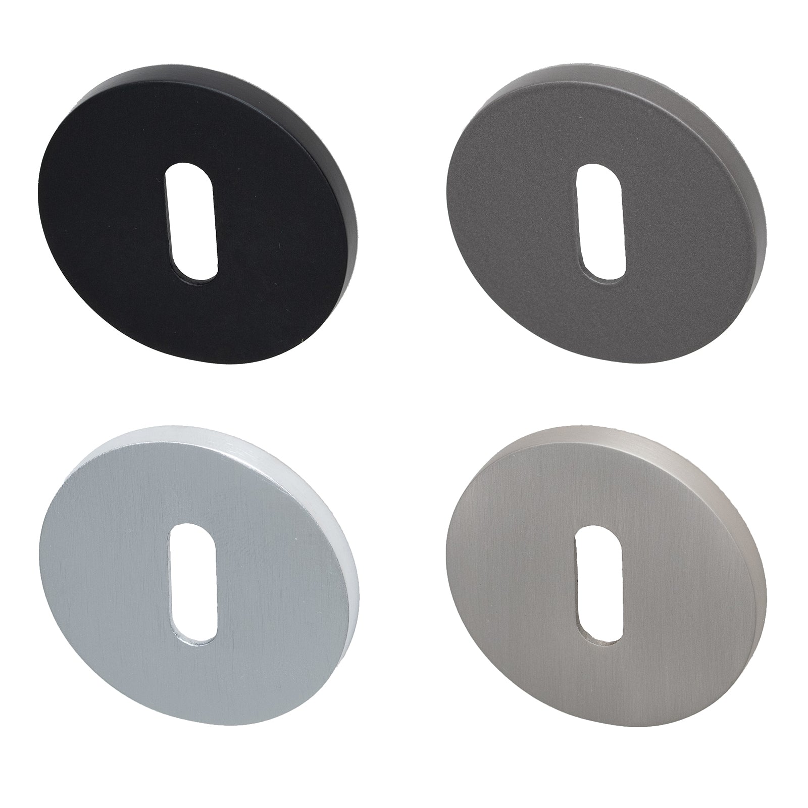 Tupai British Standard round escutcheon for use with 3 & 5 lever locks, in four finishes, Nickel Pearl, Black Pearl, Satin Chrome, and Titan.