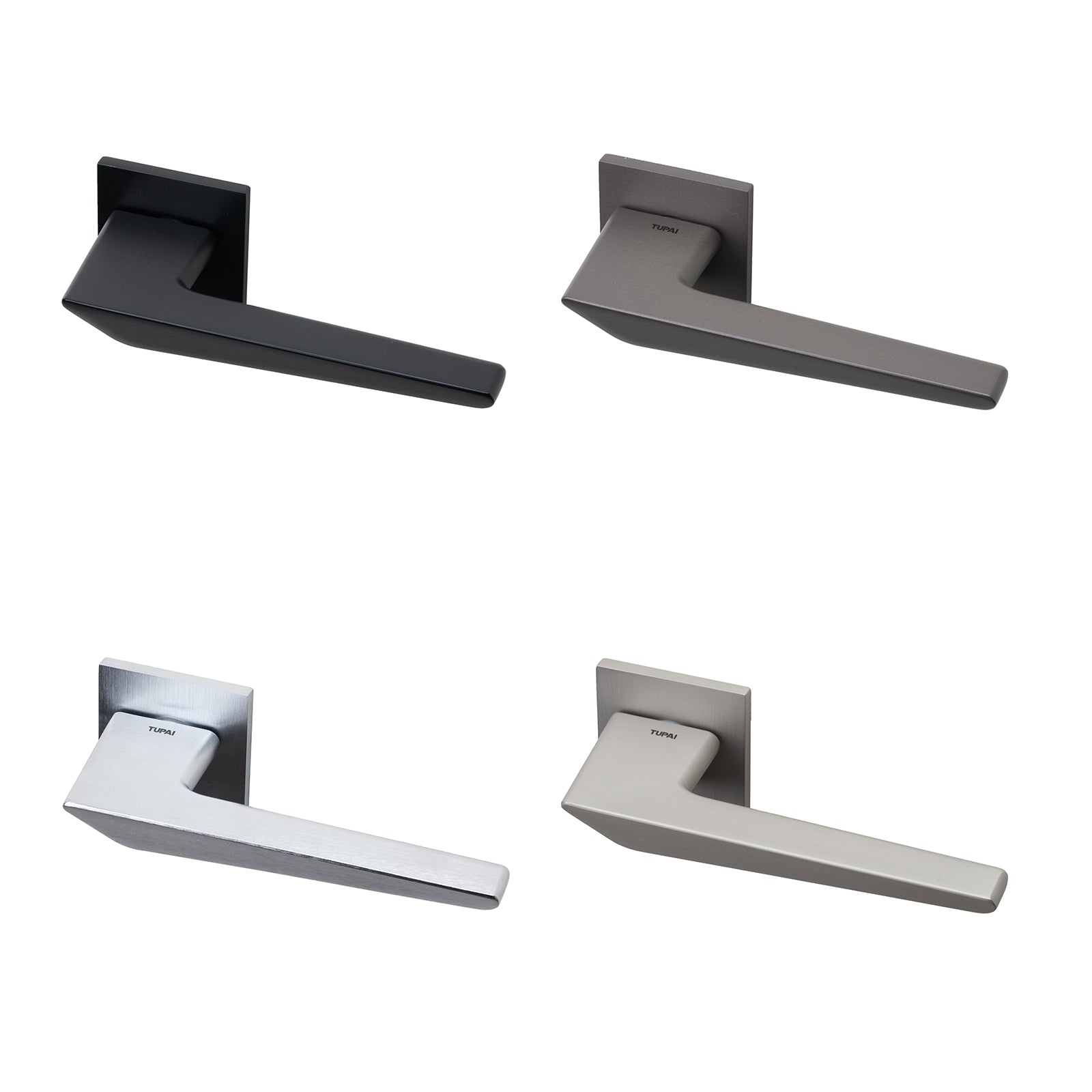 Tupai Montemuro lever on rose door handles in four distinct finish with 6mm thick square rose.
