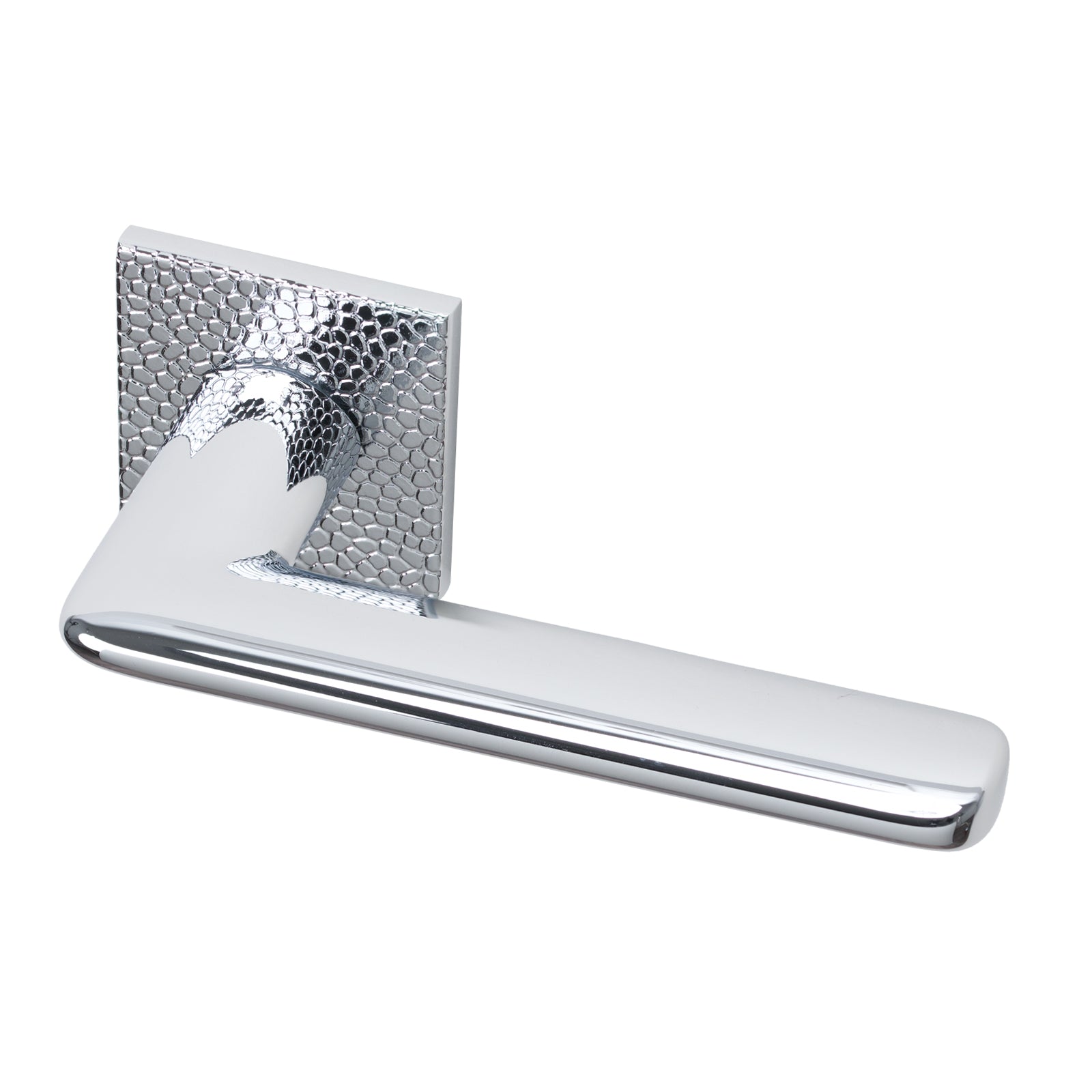 Tupai Edral lever on rose door handle with Pebbles texture design in Bright Chrome Finish SHOW