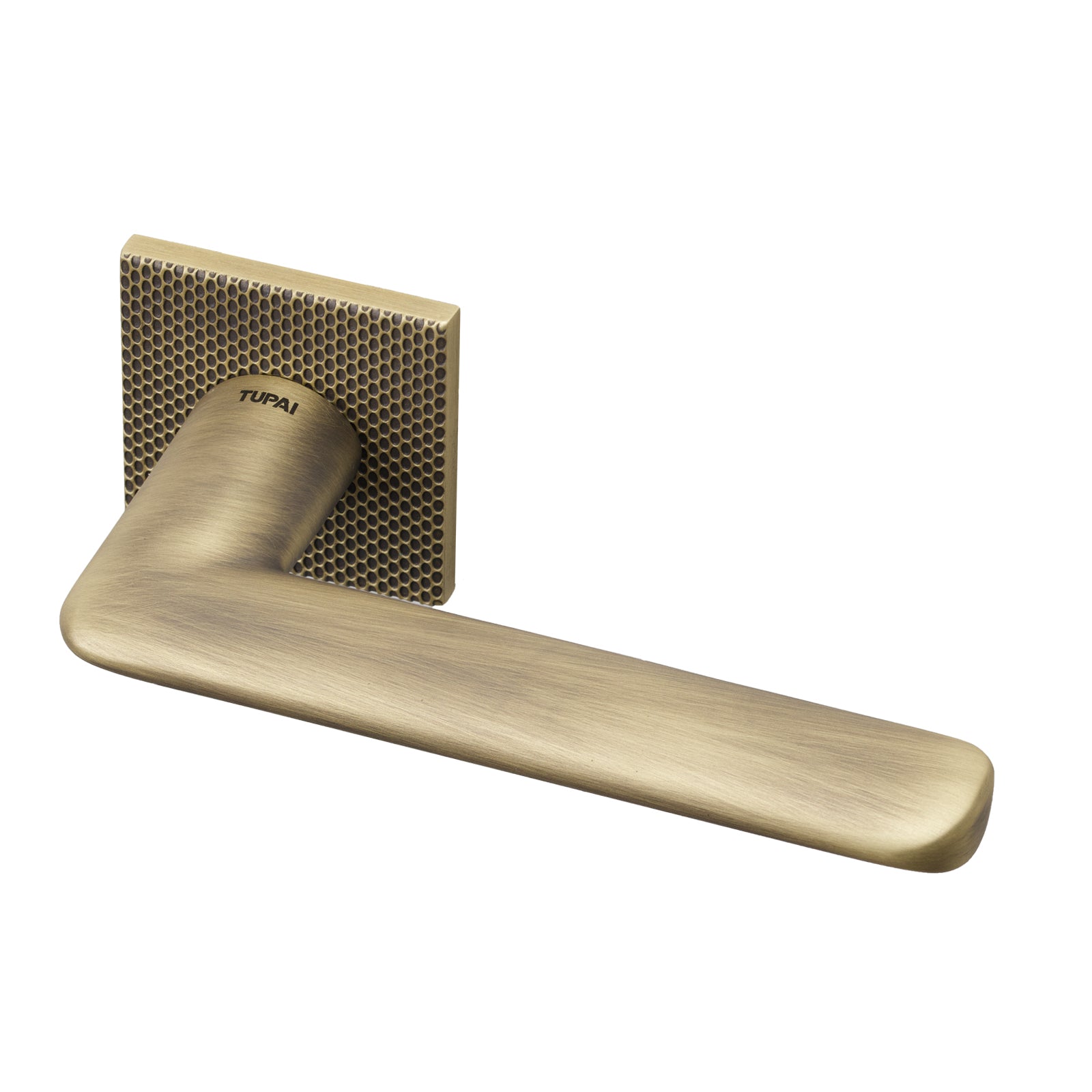 Tupai Edral lever on rose door handle with Pebbles texture design in Aged Brass Finish SHOW