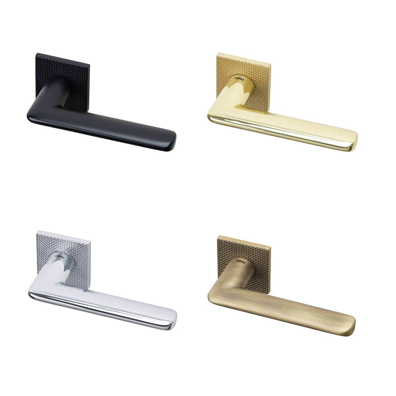 Tupai Edral lever on rose door handle with Pebbles texture design, in four finishes, Bright Chrome, Black Pearl, Matt Antique Brass, and Polished/Satin Brass.