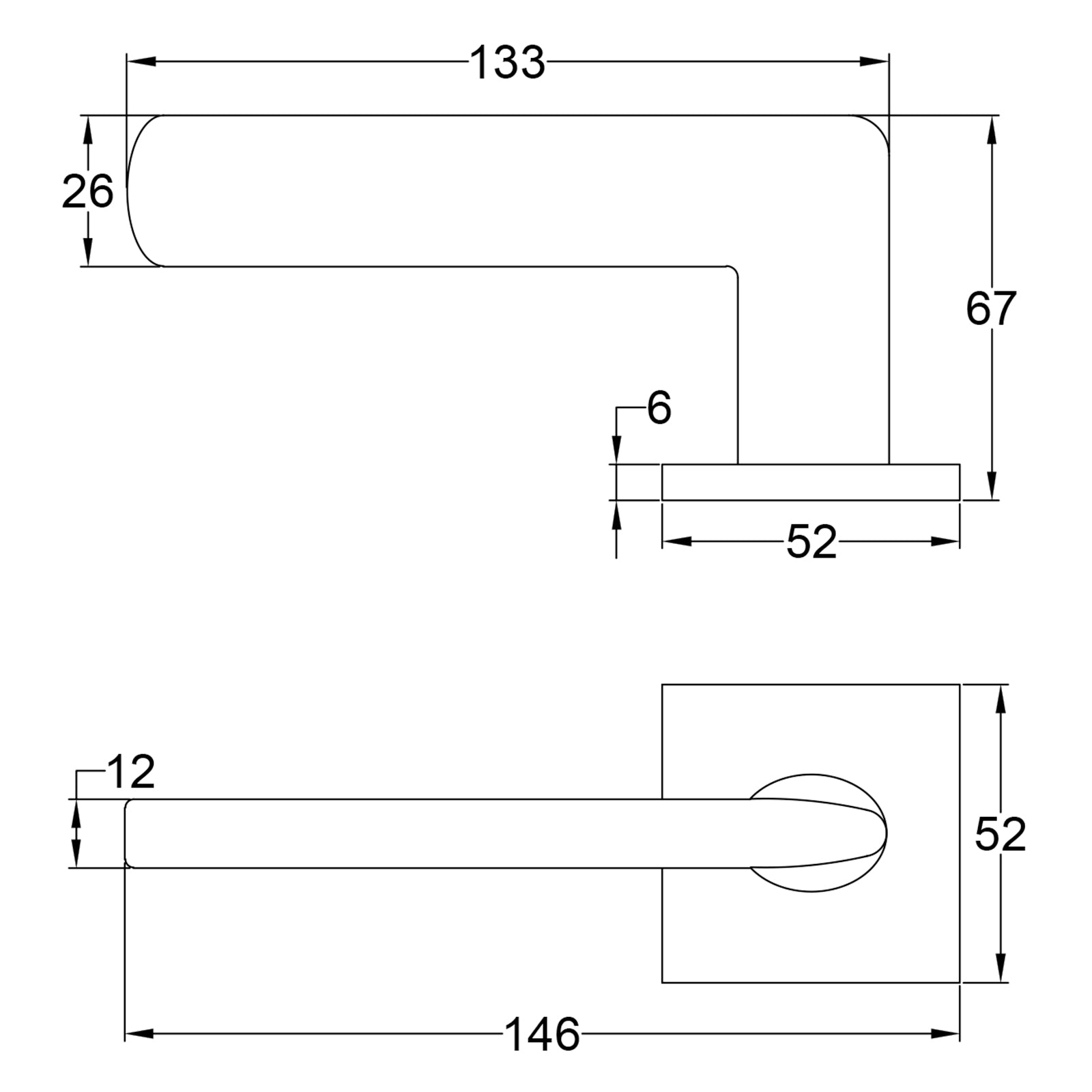 Simple Dimension Drawing of Edral Leather Lever on Rose Door Handles SHOW