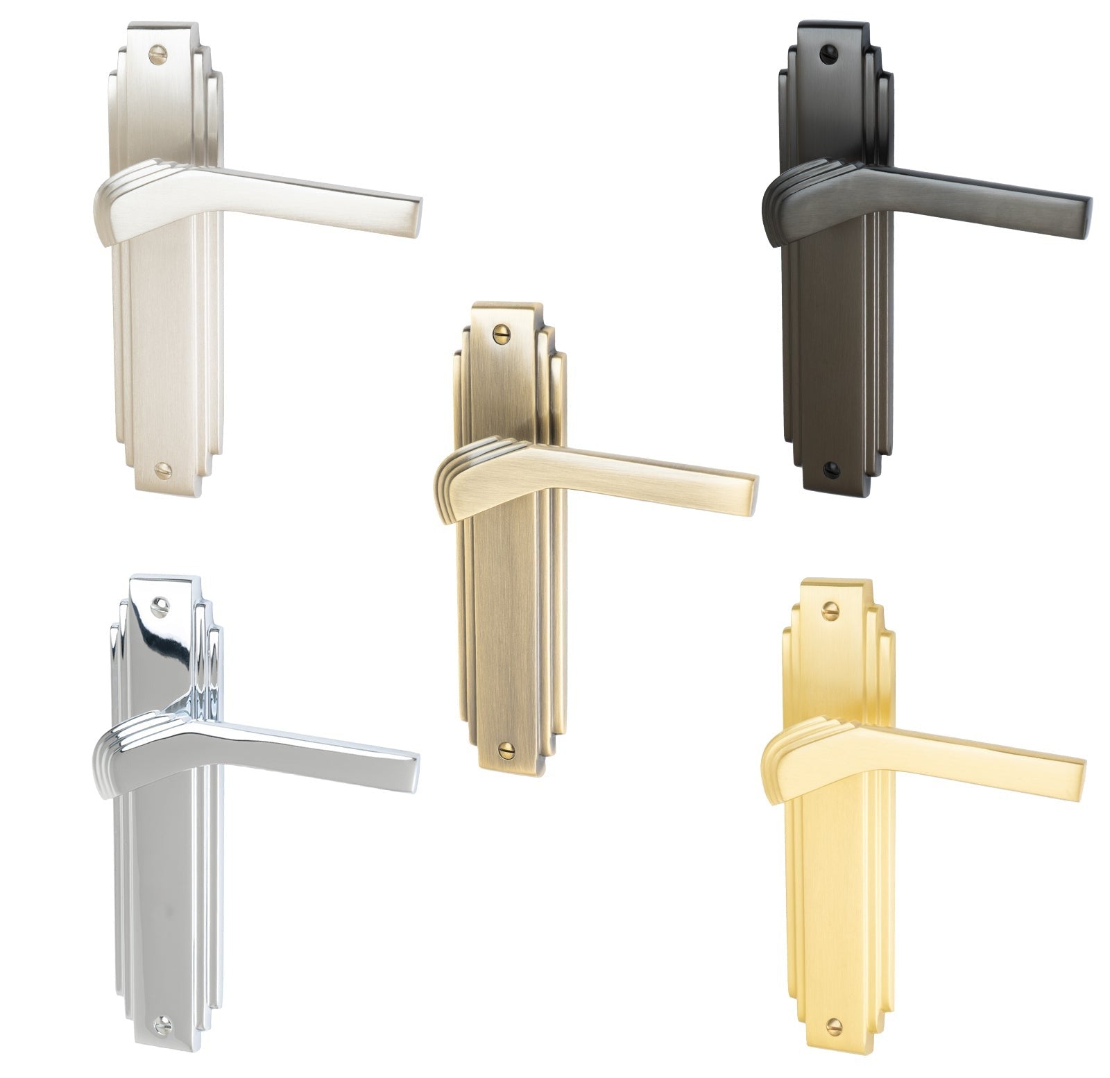 Tiffany Door Handles On Plate Latch Handle in Matt Bronze, Satin Nickel, Polished Chrome, Satin Brass and Aged Brass.