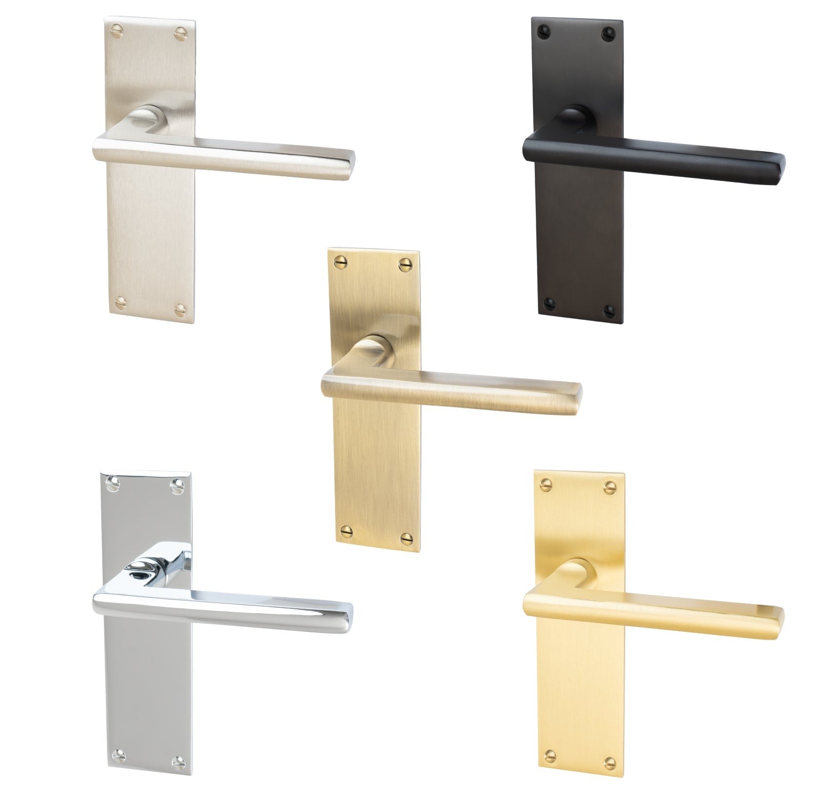Trident Door Handles On Plate Latch Handle in Matt Bronze, Satin Nickel, Polished Chrome, Satin Brass and Aged Brass.