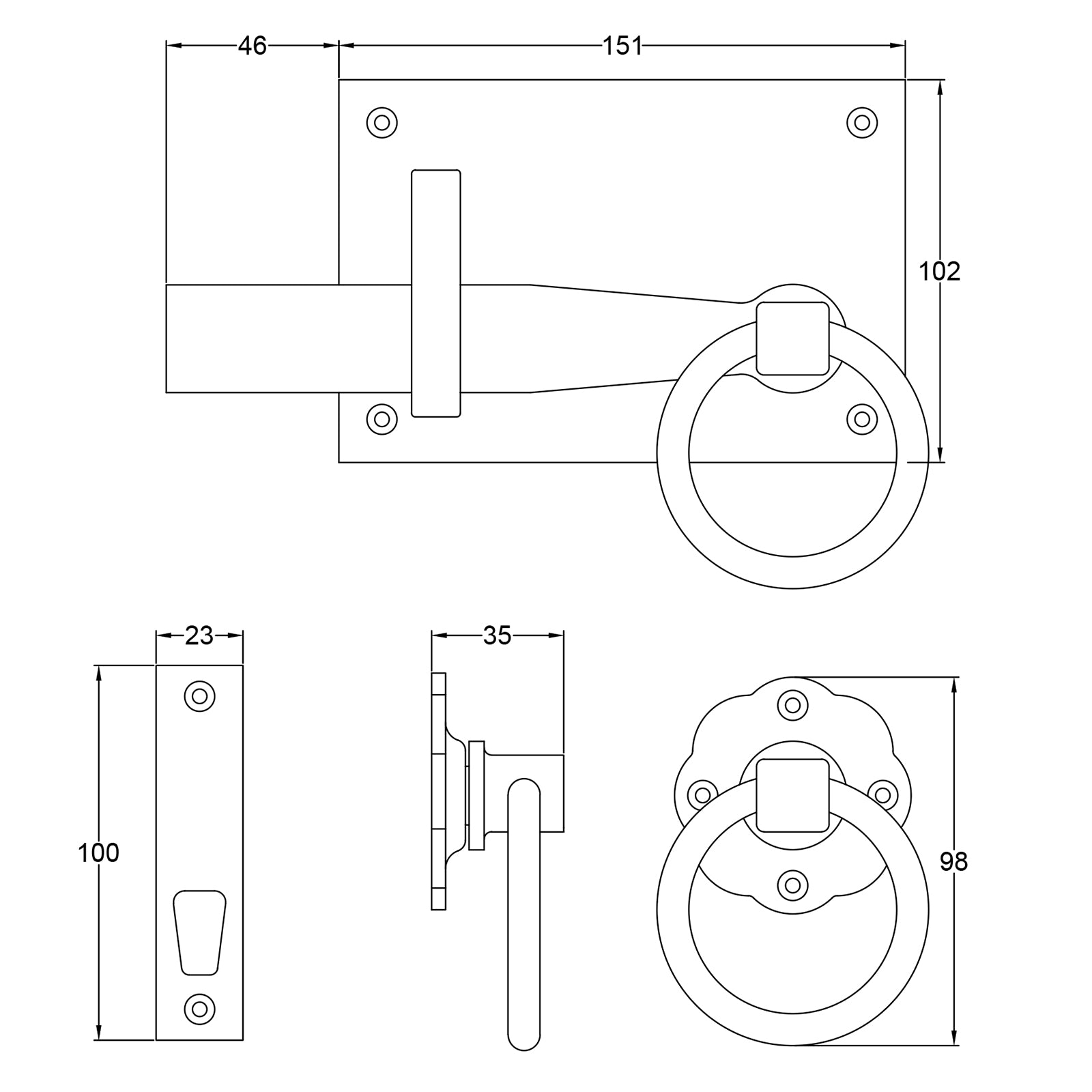 Tudor Cottage Gate Latch Dimension drawing SHOW