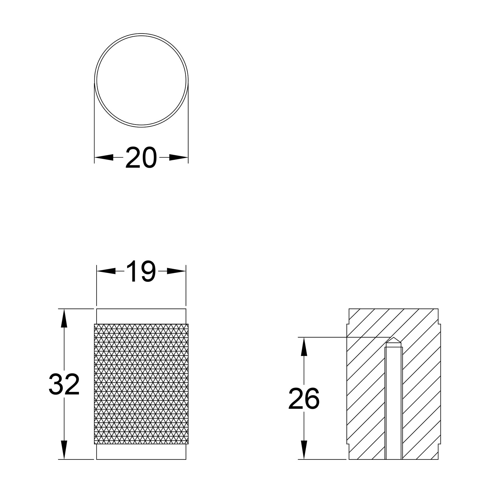 Dimension drawing for cylinder knurled cabinet knobs SHOW