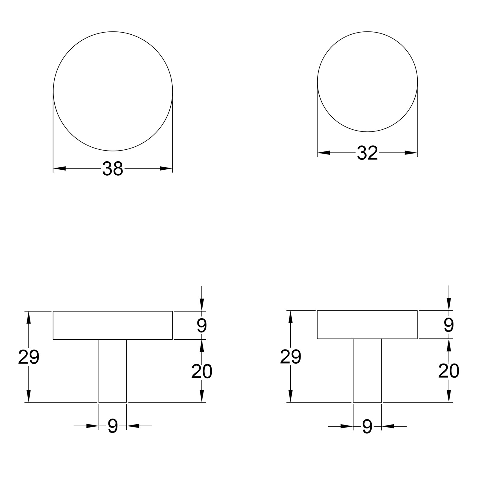 Dimension  drawing for Disc Cabinet Knobs SHOW