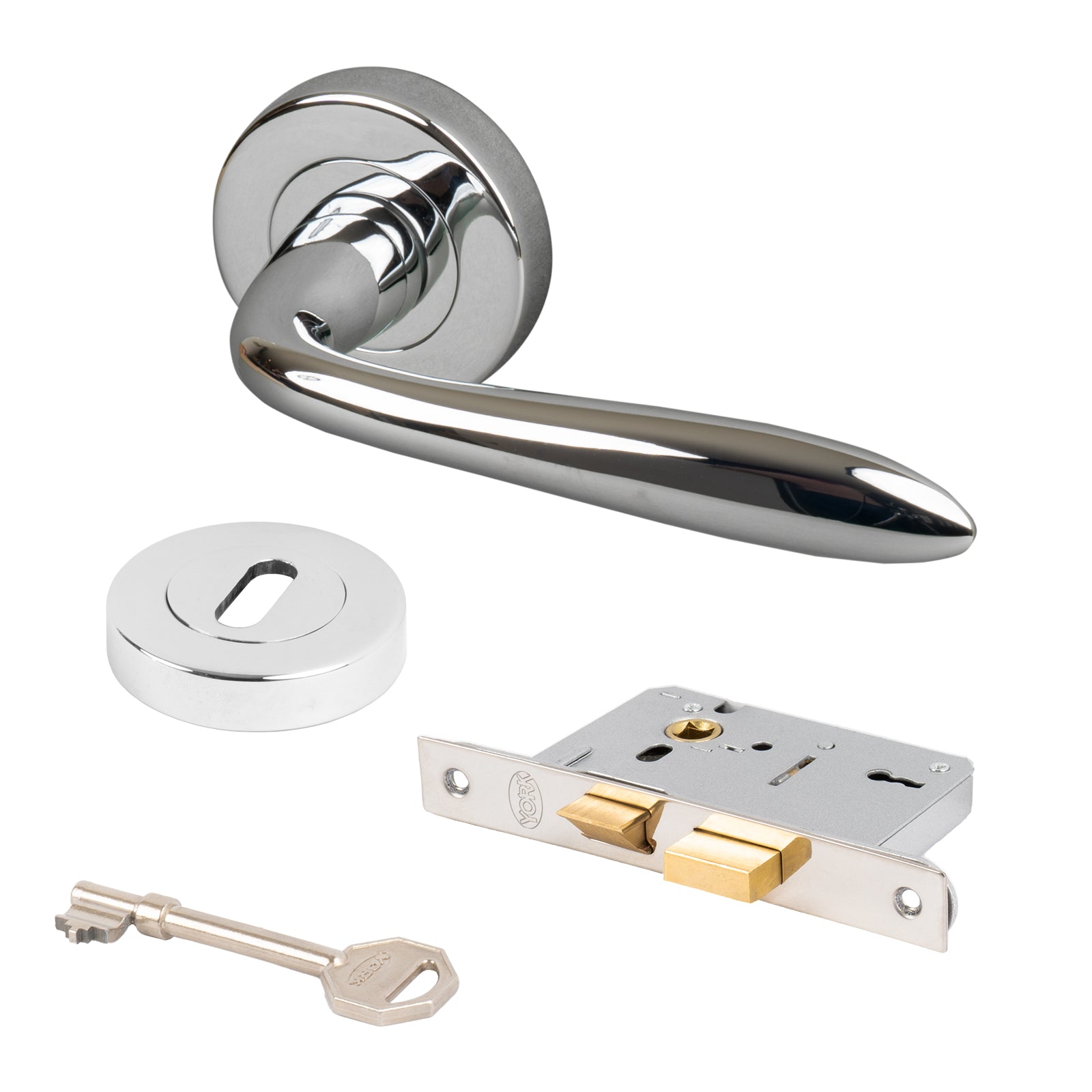 chrome Sutton round rose door handles 3 lever lock set and keyhole cover