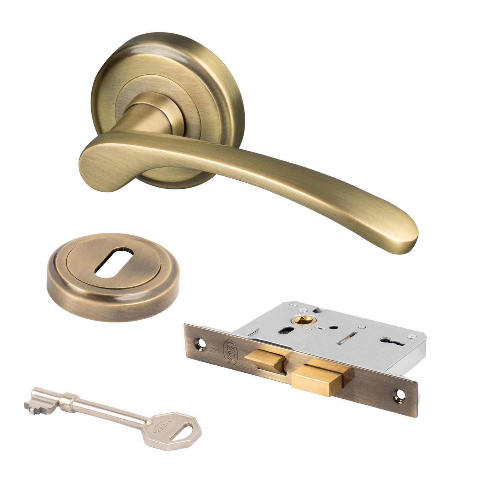 aged brass Sophia round rose door handles 3 lever lock set