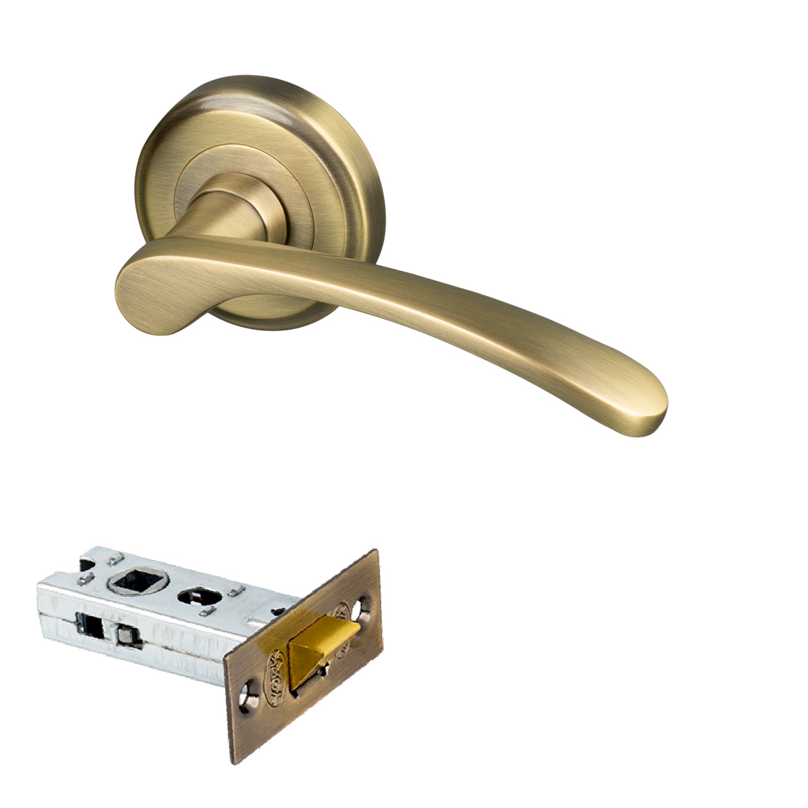 brass curved lever on rose door handle 2.5 latch set