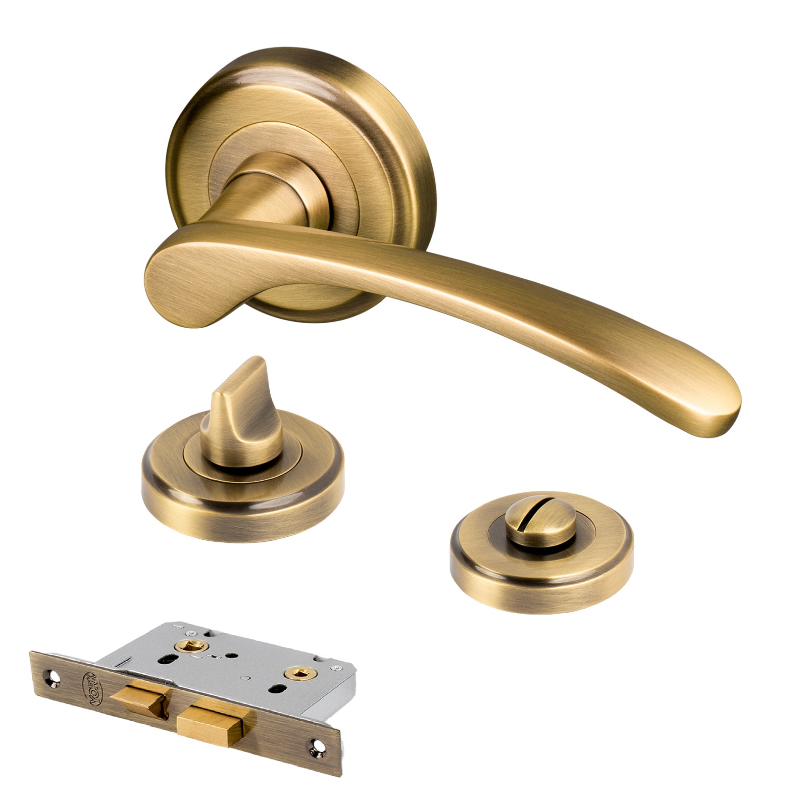 brass curved lever on rose door handles bathroom lock latch set