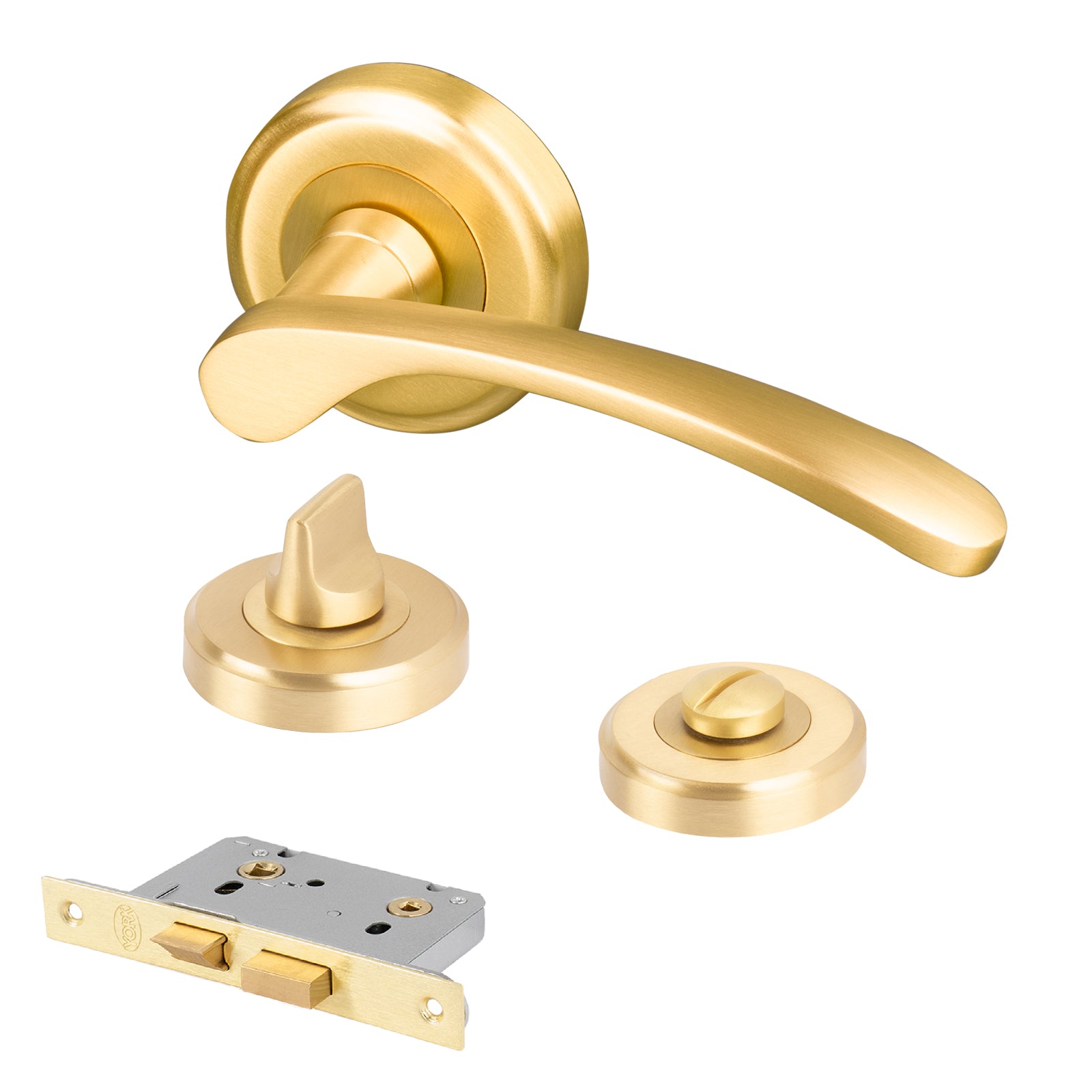 satin brass curved lever on rose door handles bathroom lock latch set
