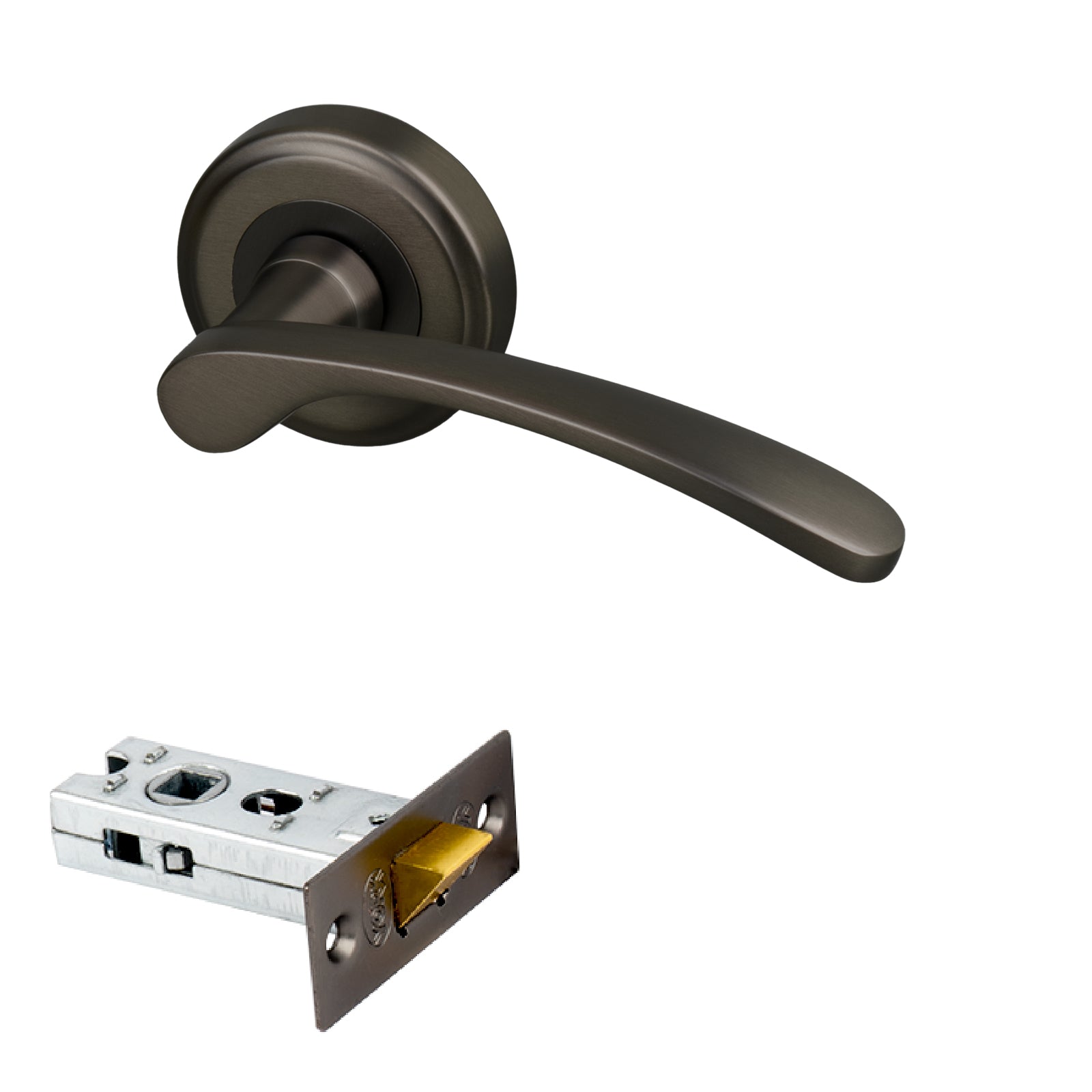 bronze curved lever on rose door handle 2.5 latch set