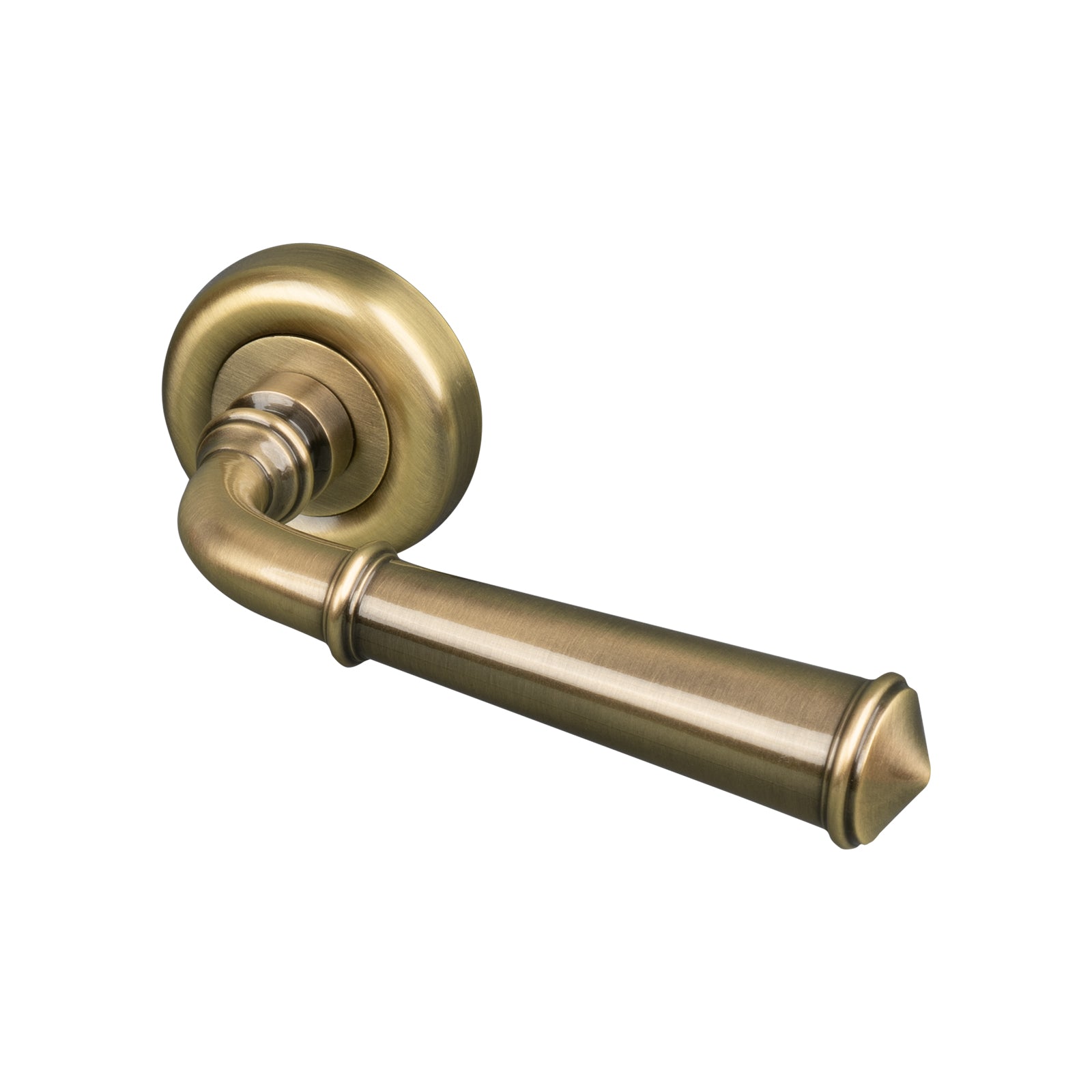 aged brass round rose door handles, lever on rose SHOW