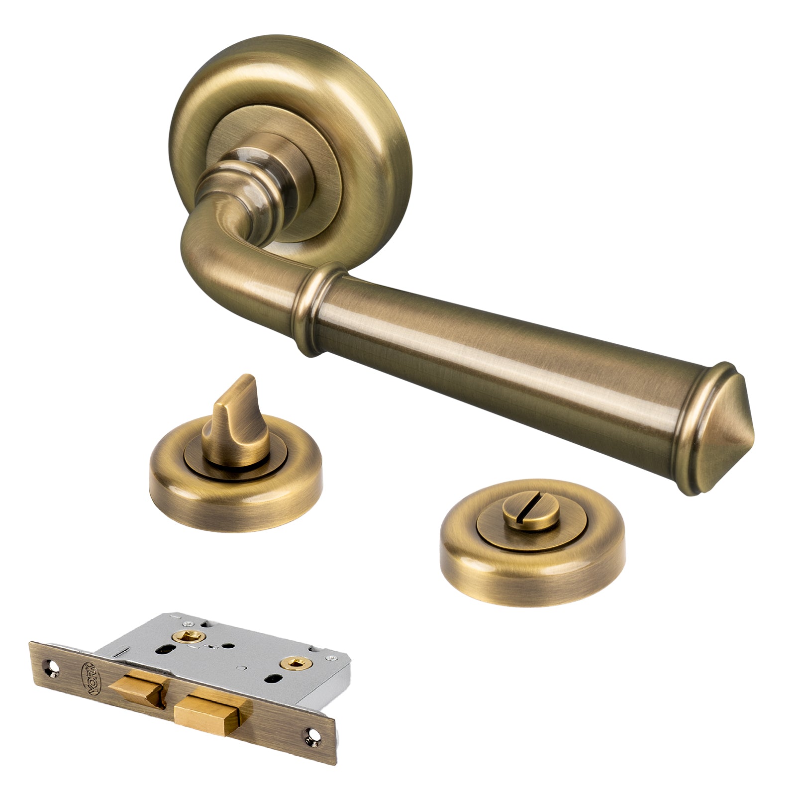 classic aged brass lever on rose door handle bathroom set
