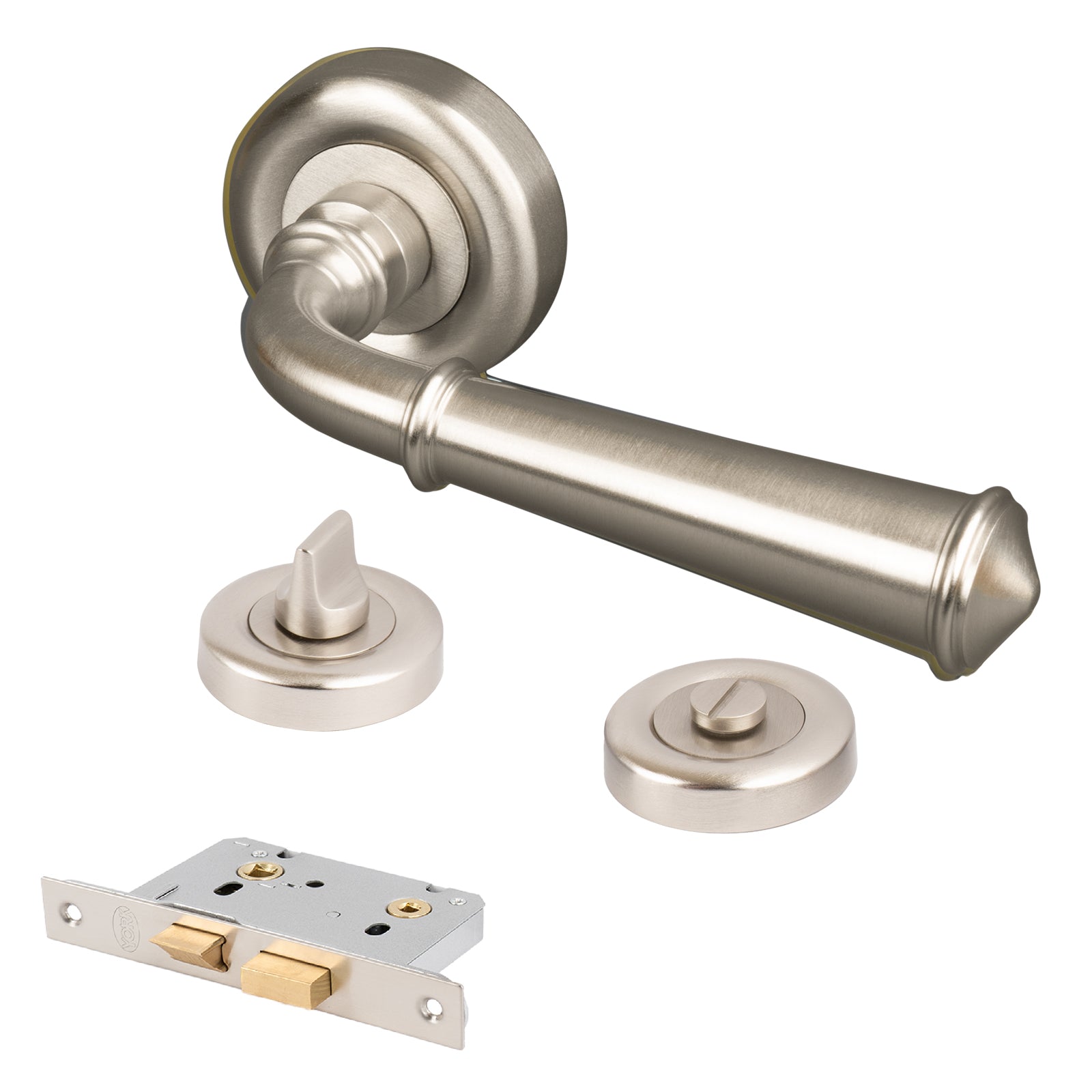 satin nickel classic lever on rose bathroom thumbturn lock set