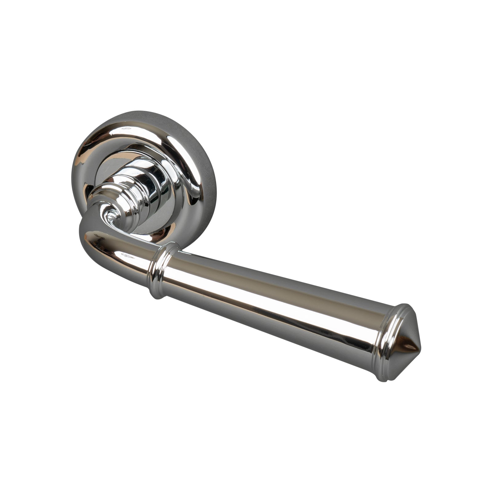 chrome lever on rose door handle, concealed fixings SHOW