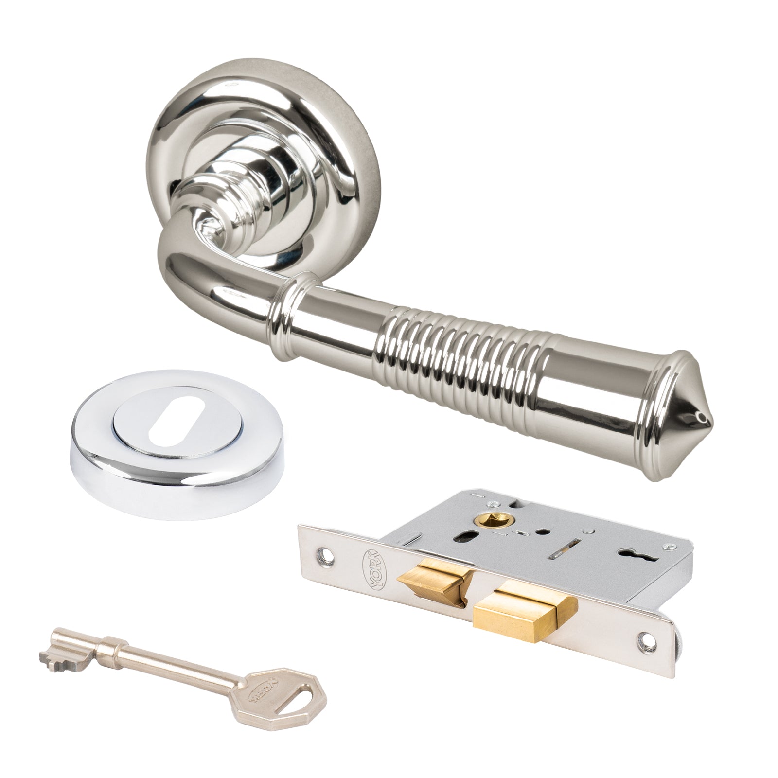 chrome reeded door handles on rose 3 lever lock latch set