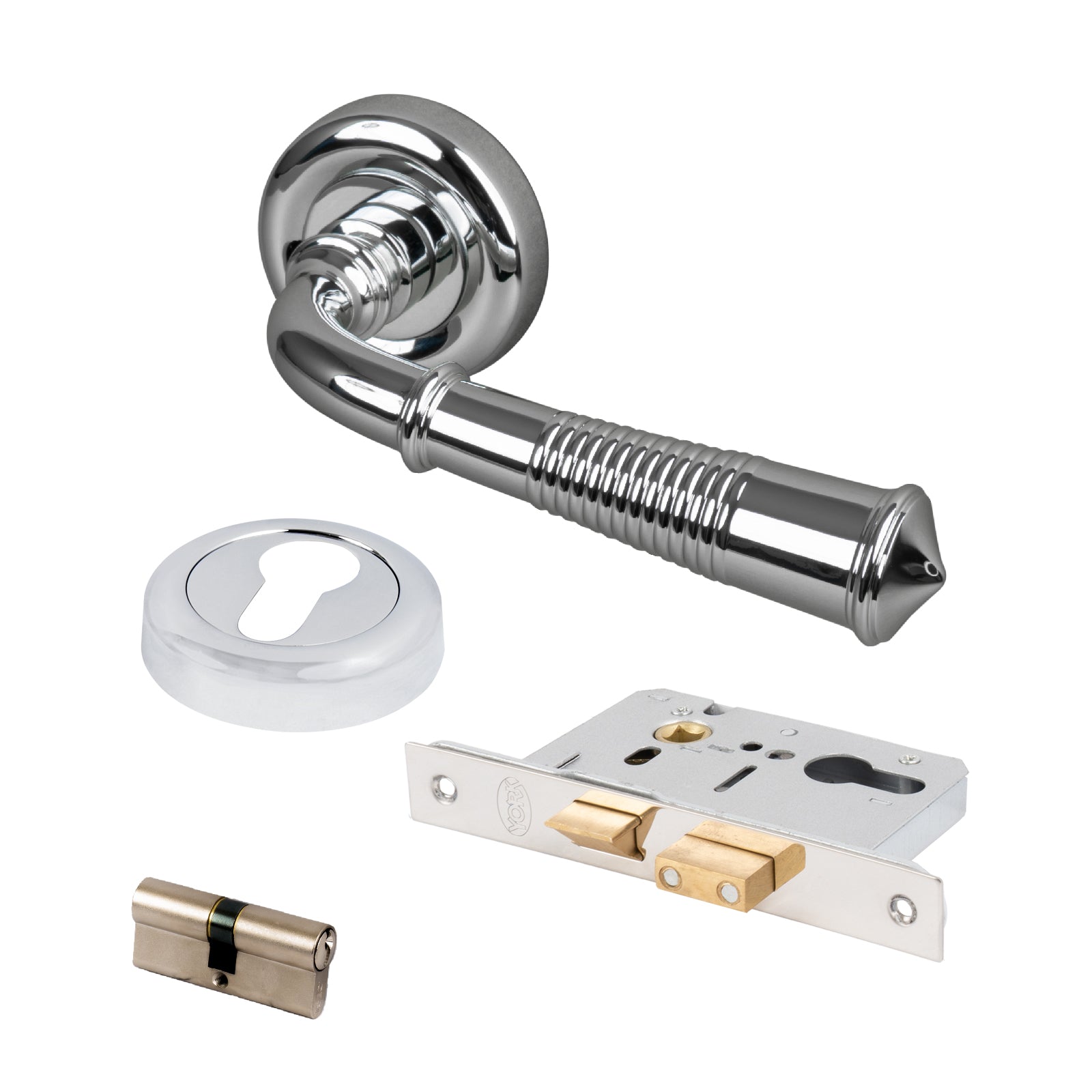 chrome reeded round rose door handles Euro profile cylinder lock