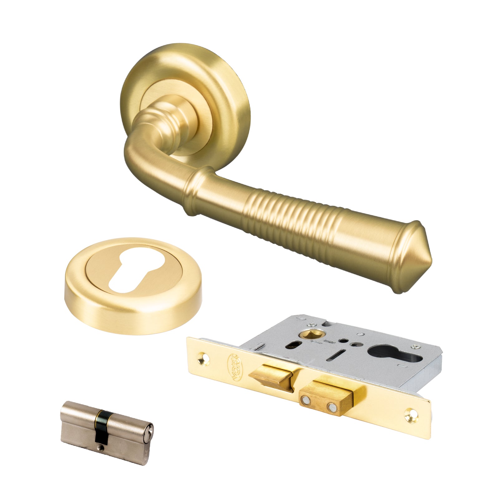 satin brass reeded door handles on rose front door lock set