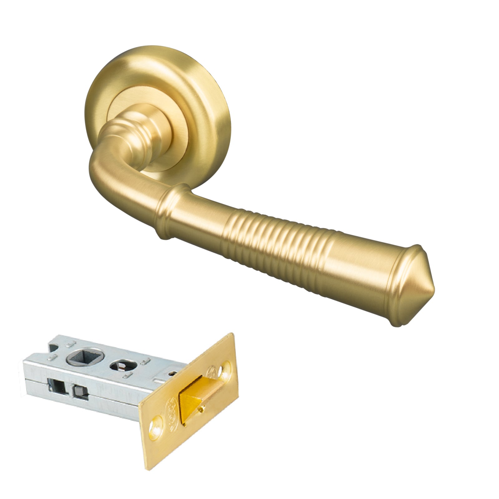 satin brass reeded round rose handle 2.5 inch latch set