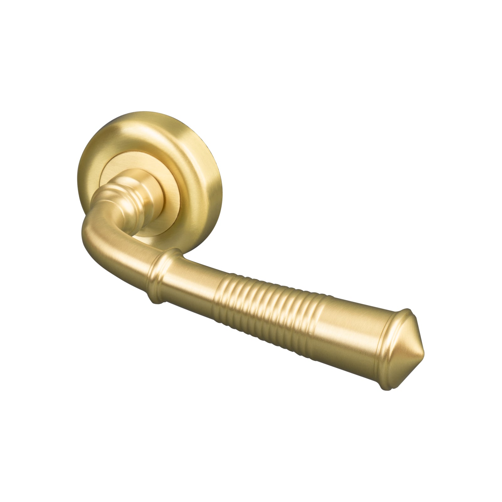 satin brass reeded door handle on rose, solid brass lever on rose SHOW