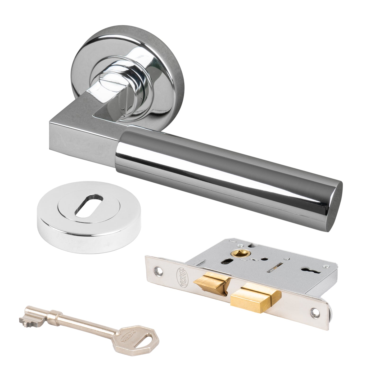 chrome Bauhaus round rose handle 3 lever lock and keyhole cover