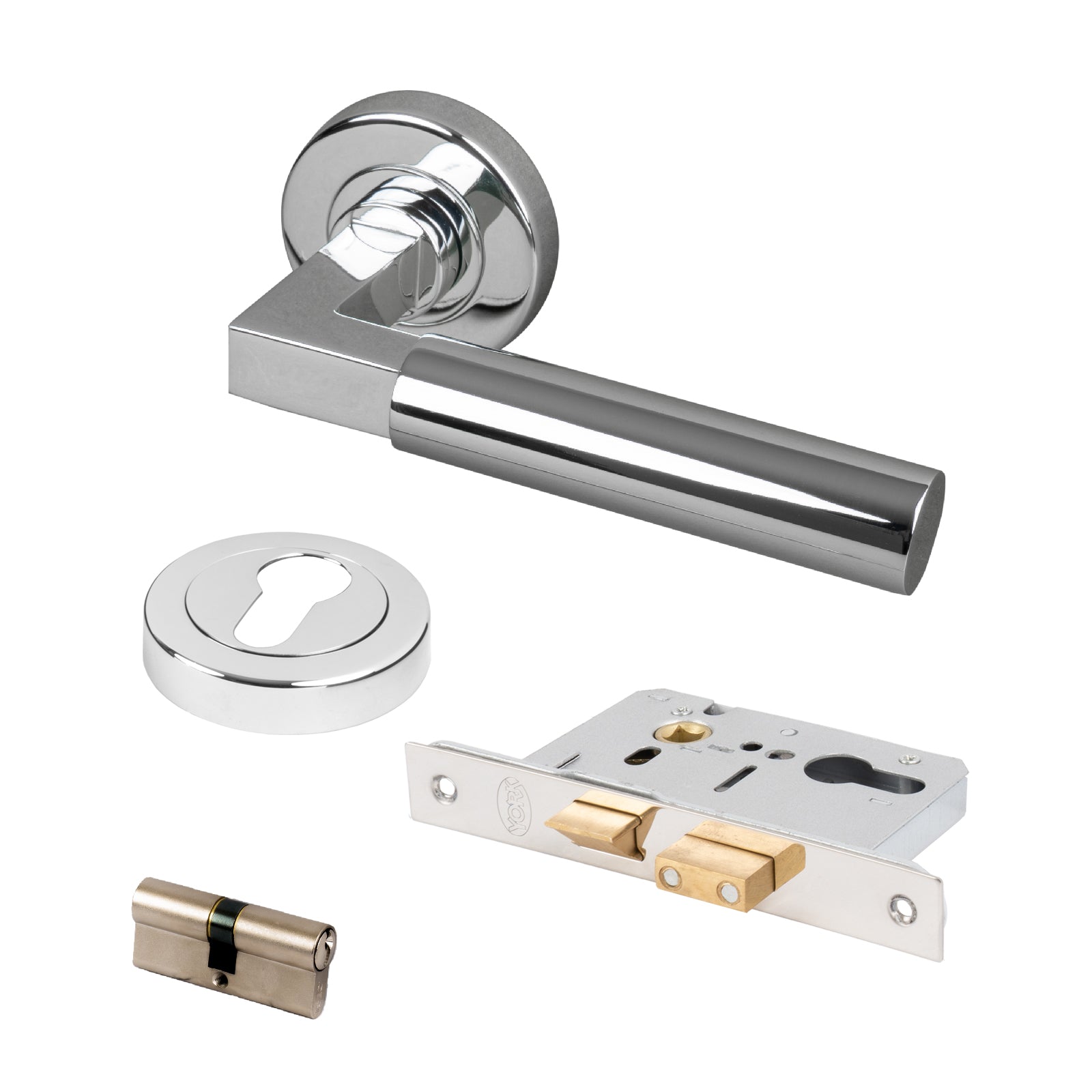 chrome Bauhaus round rose handles with Euro profile lock and keyhole covers