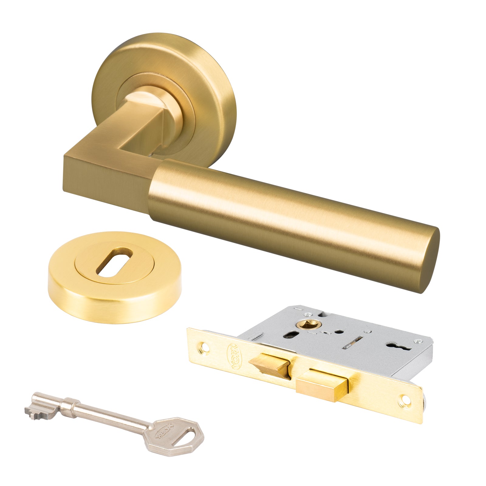 satin brass modern lever on rose handle 3 lever lock set