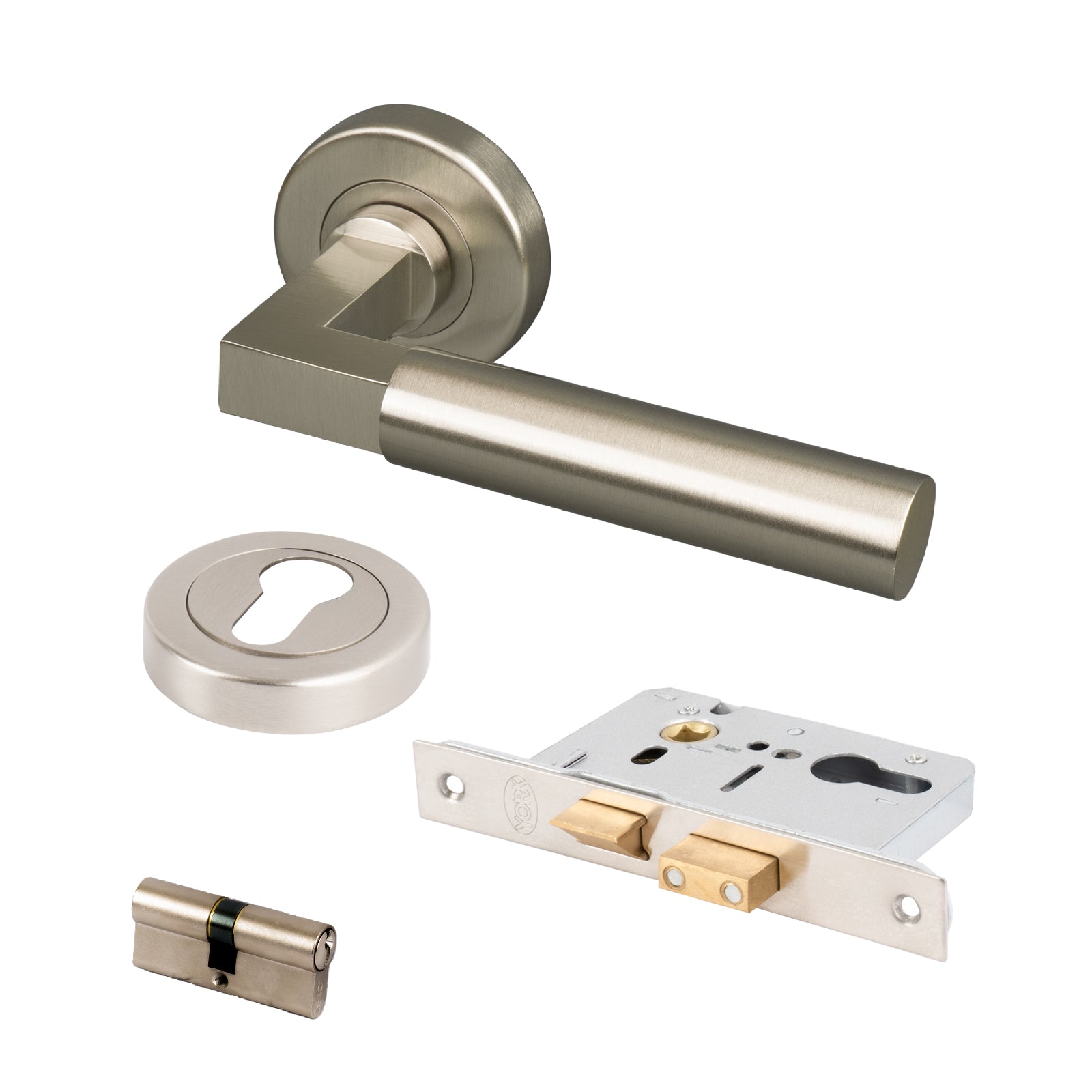 satin nickel Bauhaus round rose handles set with Euro profile front door lock