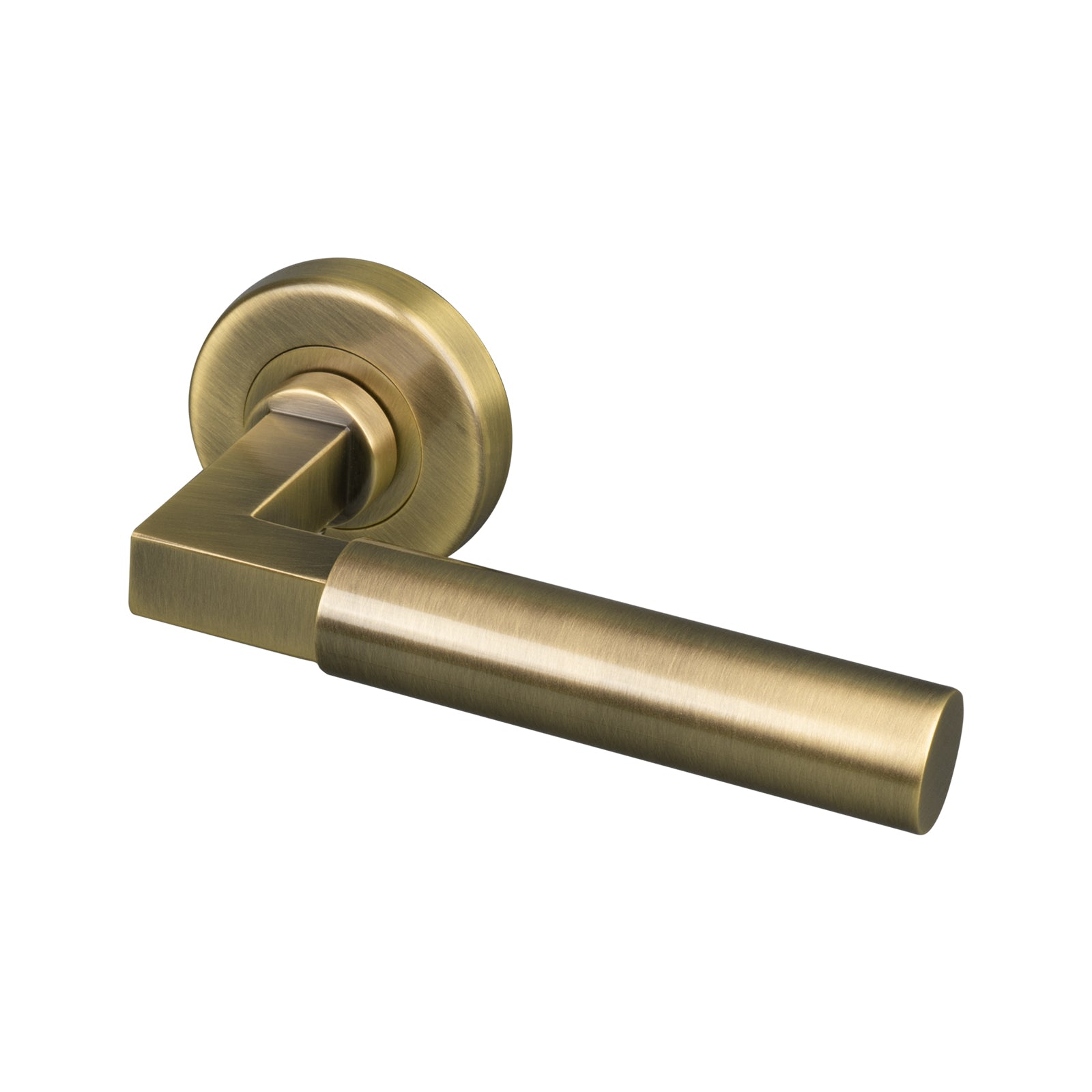 aged brass bauhaus round rose door handles, modern lever on rose SHOW