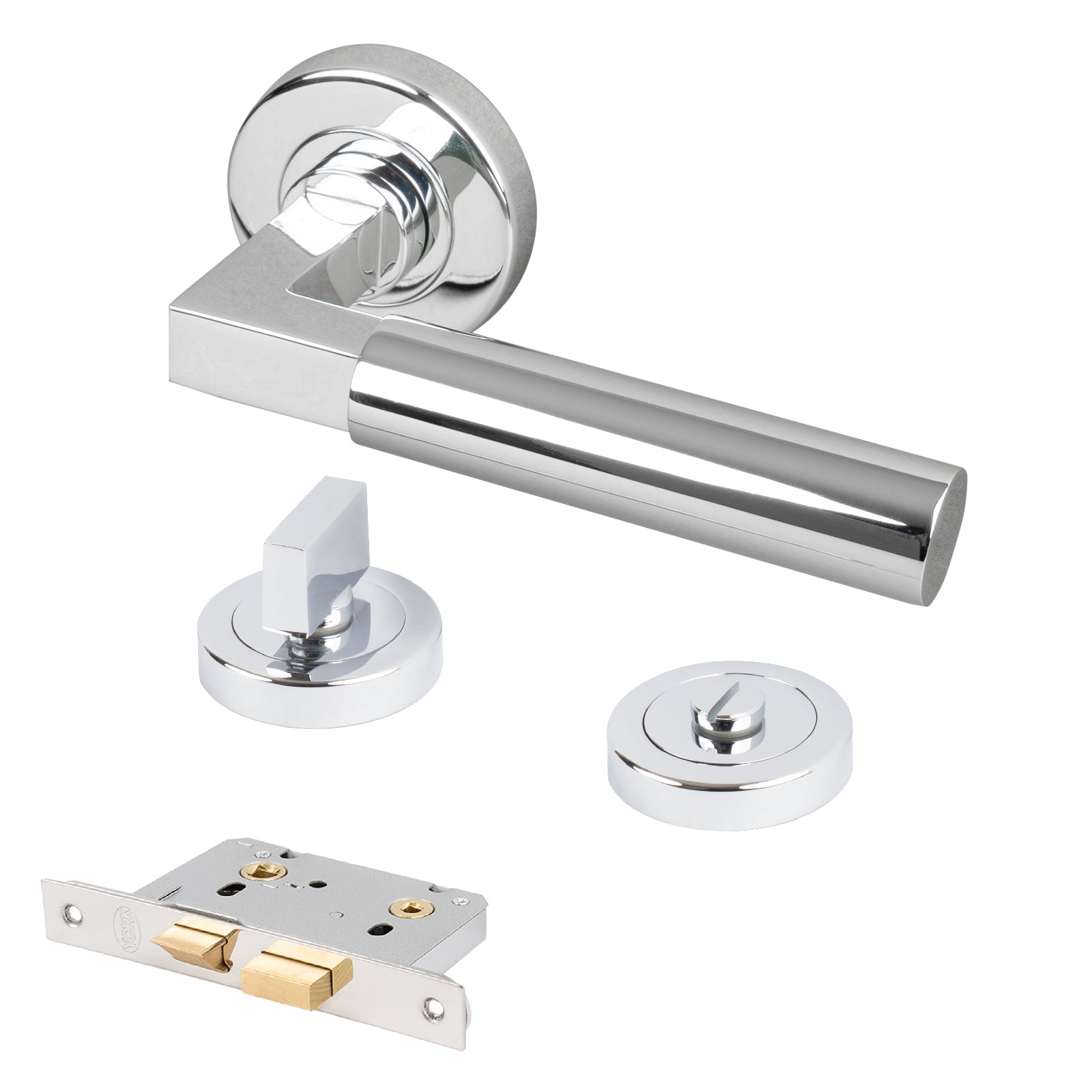 polished chrome lever on rose handle bathroom lock set