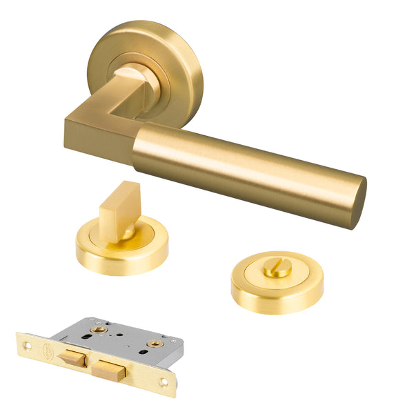 satin brass lever on rose handle bathroom lock set