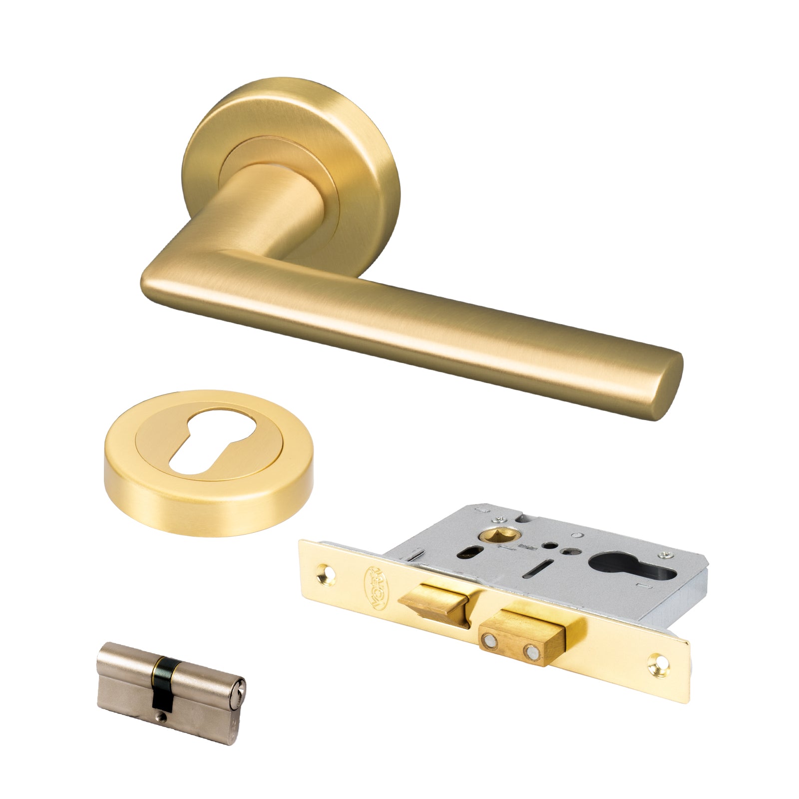 satin brass Lena round rose handles Euro profile cylinder lock set