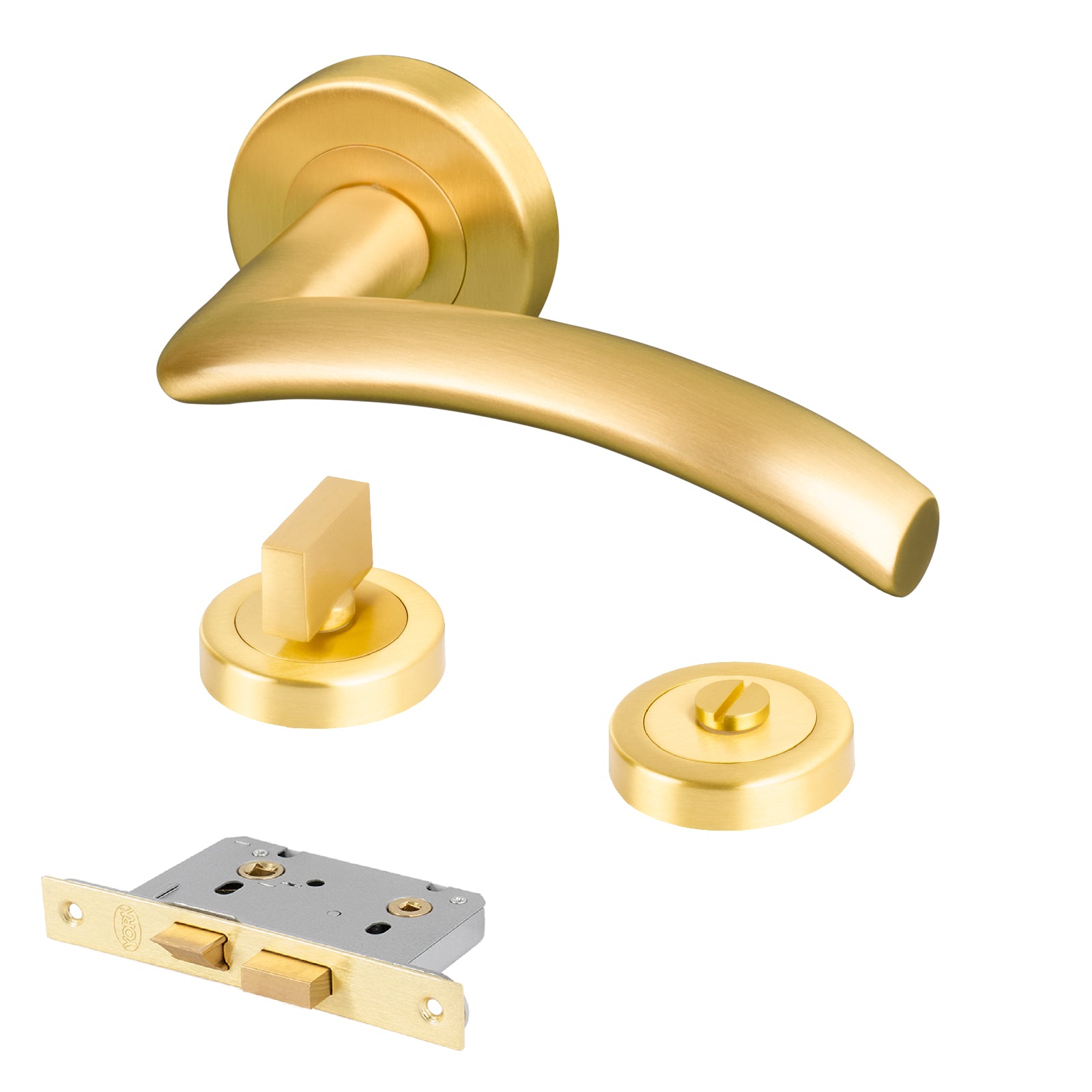 satin brass Centaur round rose handles bathroom latch lock set