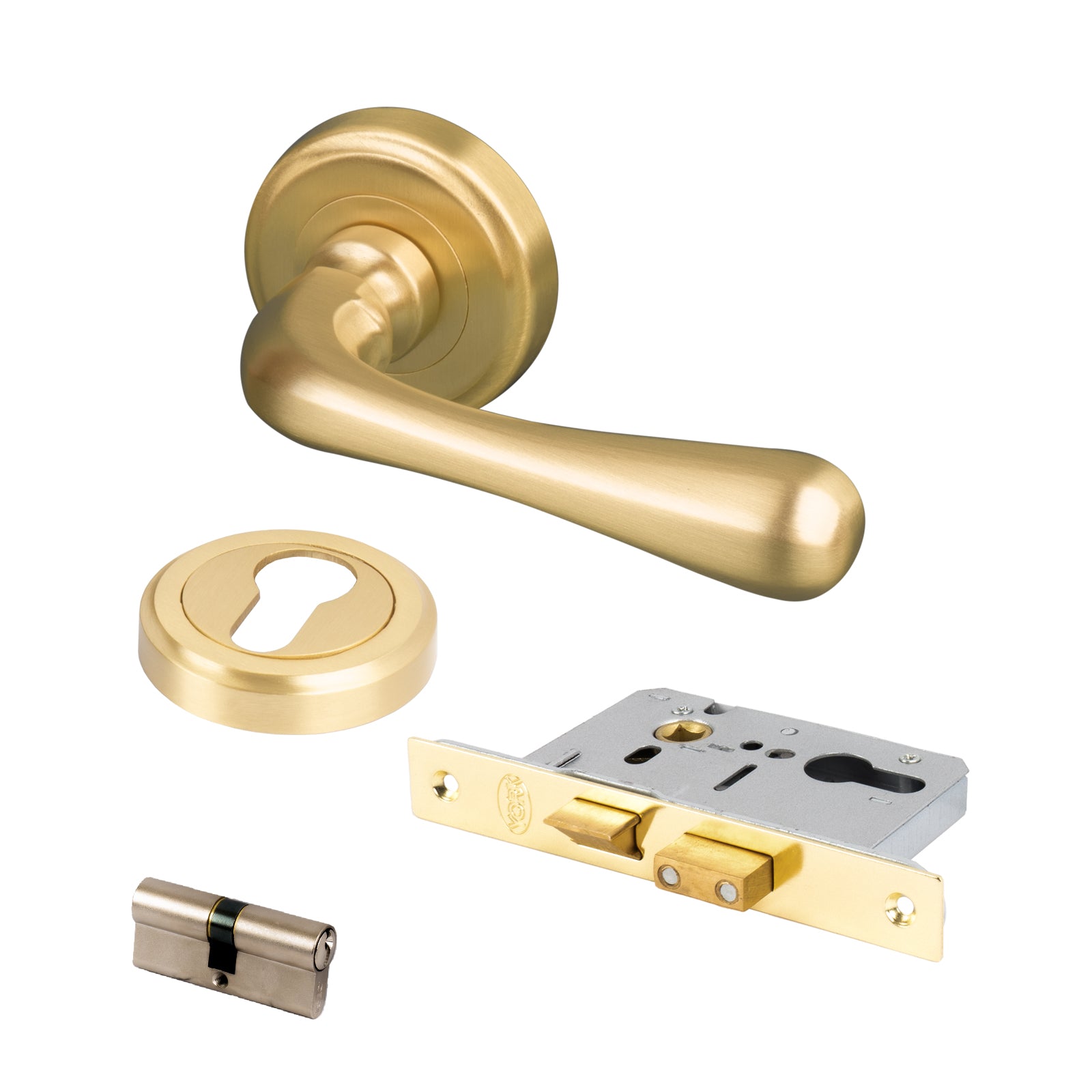 satin brass Charlbury round rose door handles Euro profile lock set