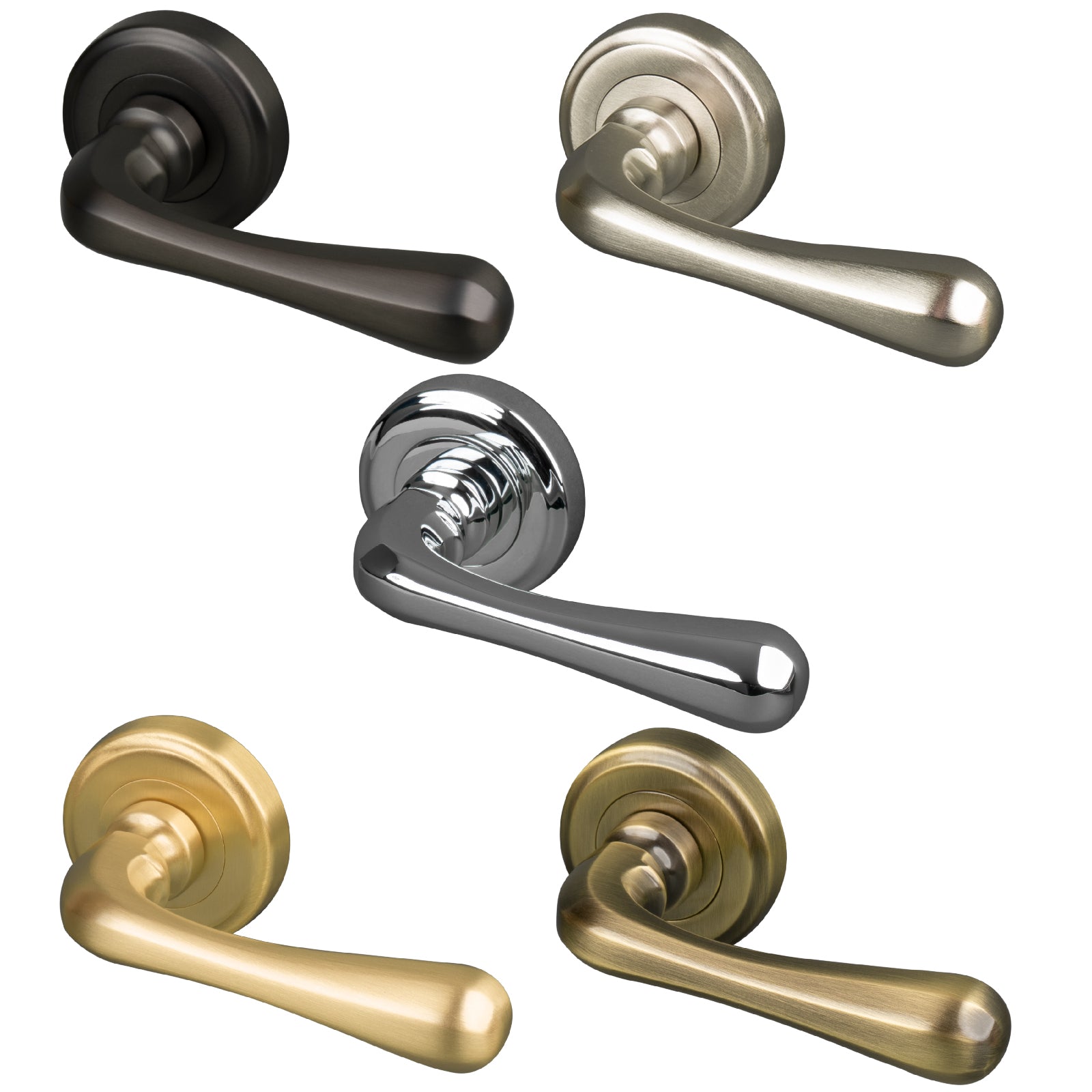 Charlbury Round Rose Door Handles, Lever On Rose Handles In 5 Finishes