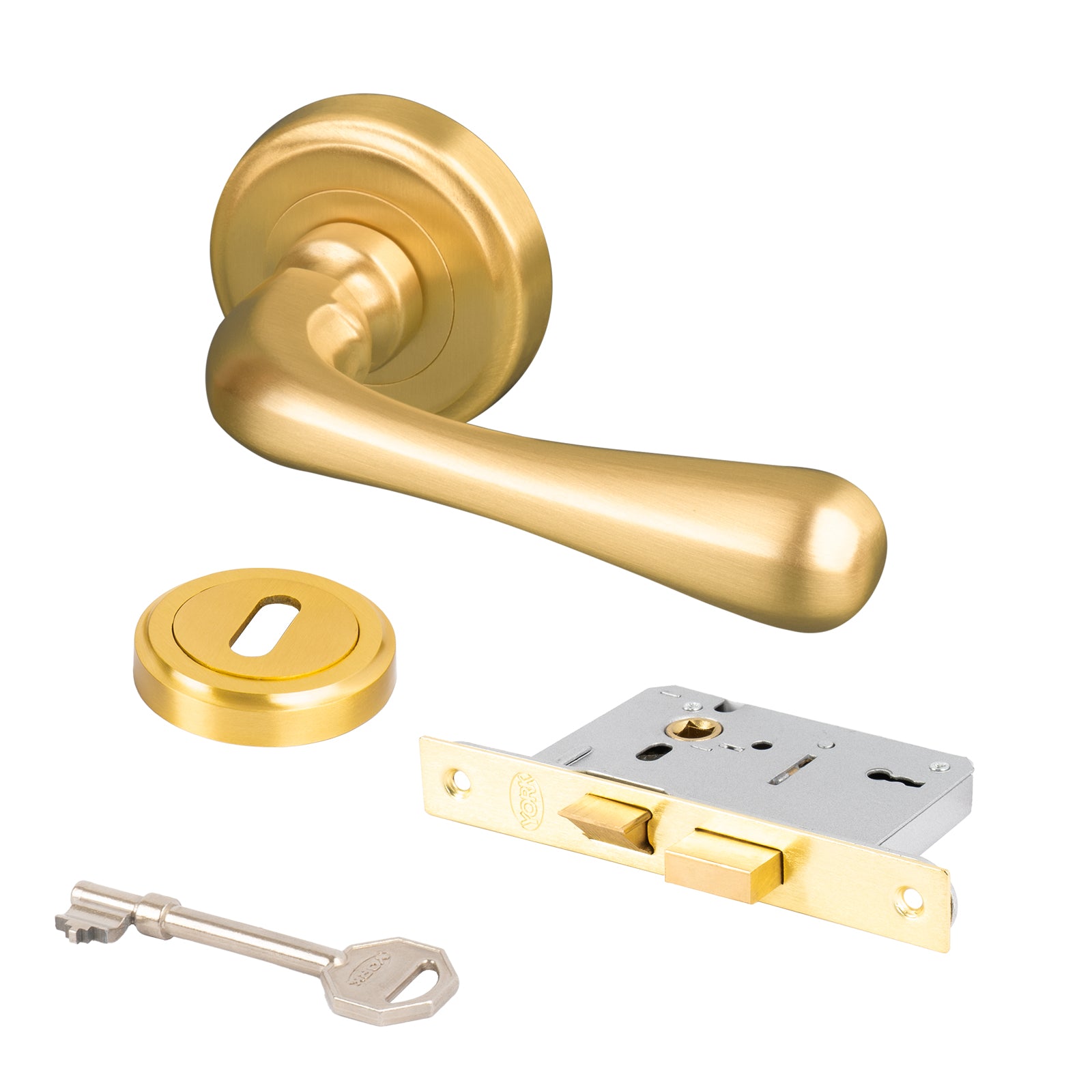 satin brass Charlbury round rose door handles 3 lever lock set