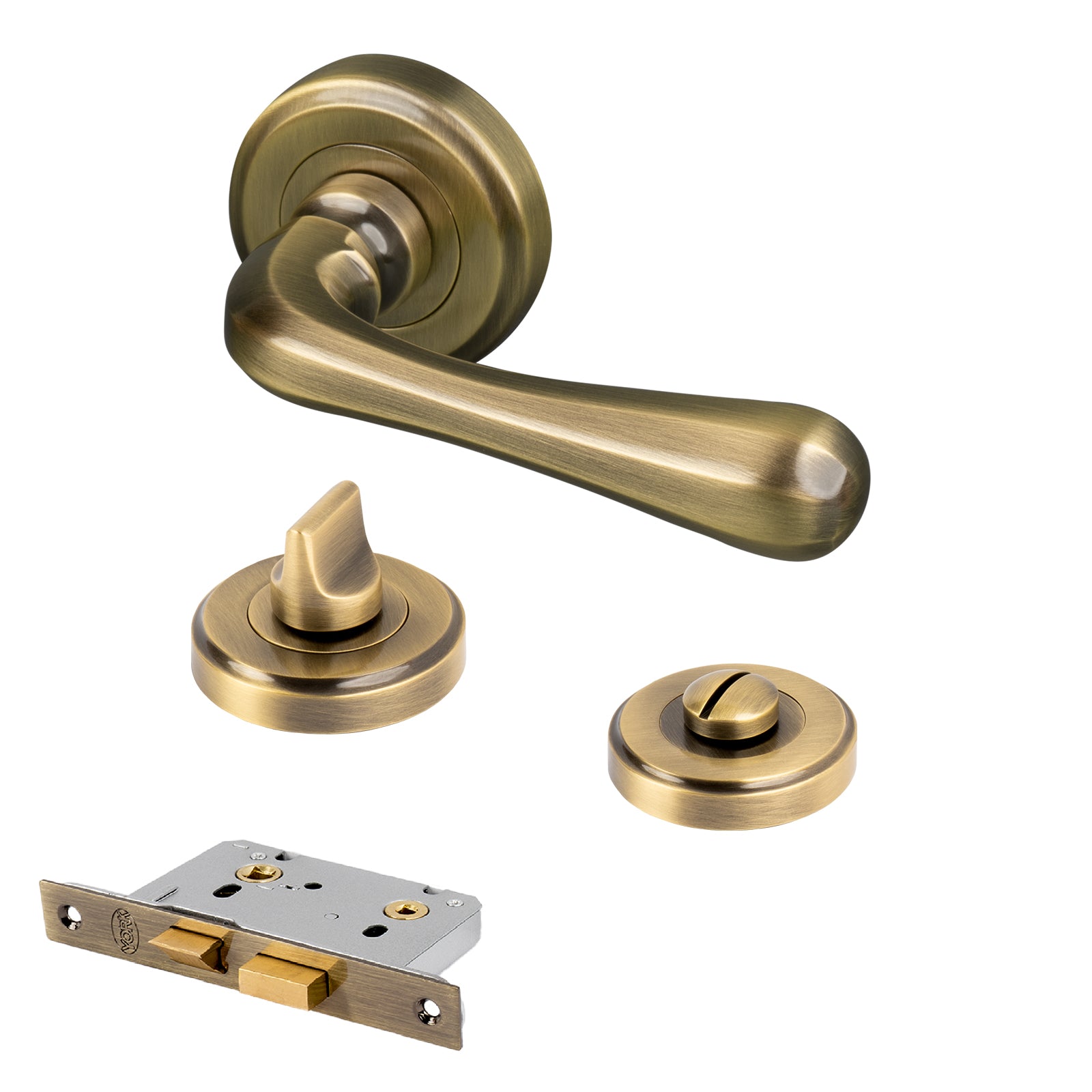 aged brass Charlbury handles on rose bathroom door lock set