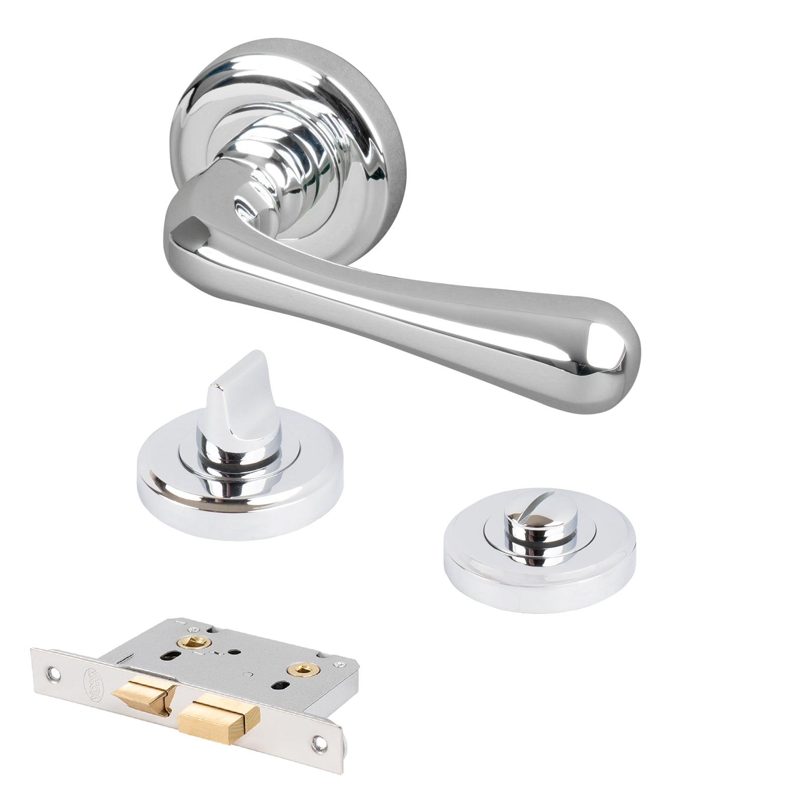 chrome Charlbury door handles on round rose bathroom lock latch set