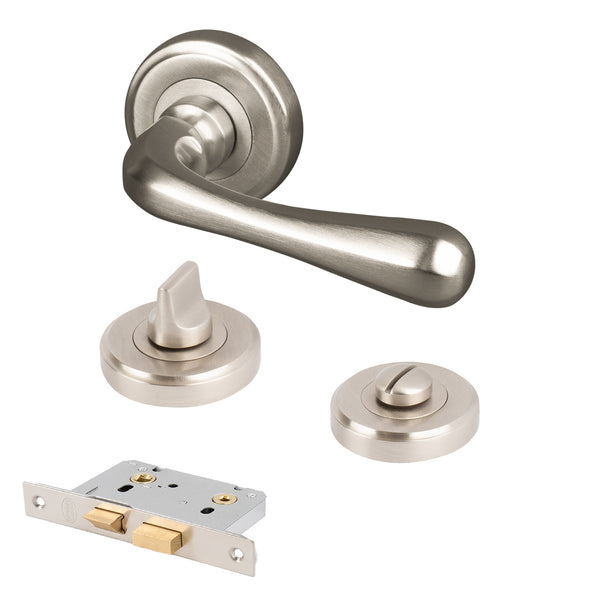 satin nickel round rose handles bathroom lock set