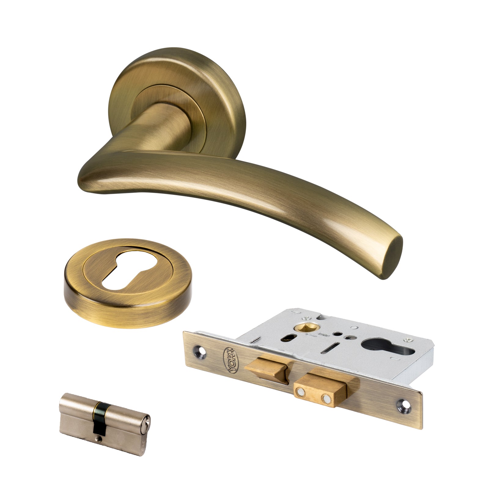 aged brass door handles on rose front door lock set