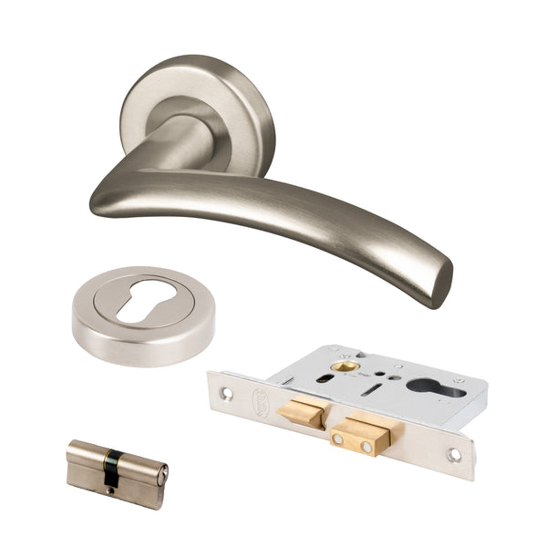 modern satin nickel door handles on round rose Euro lock set