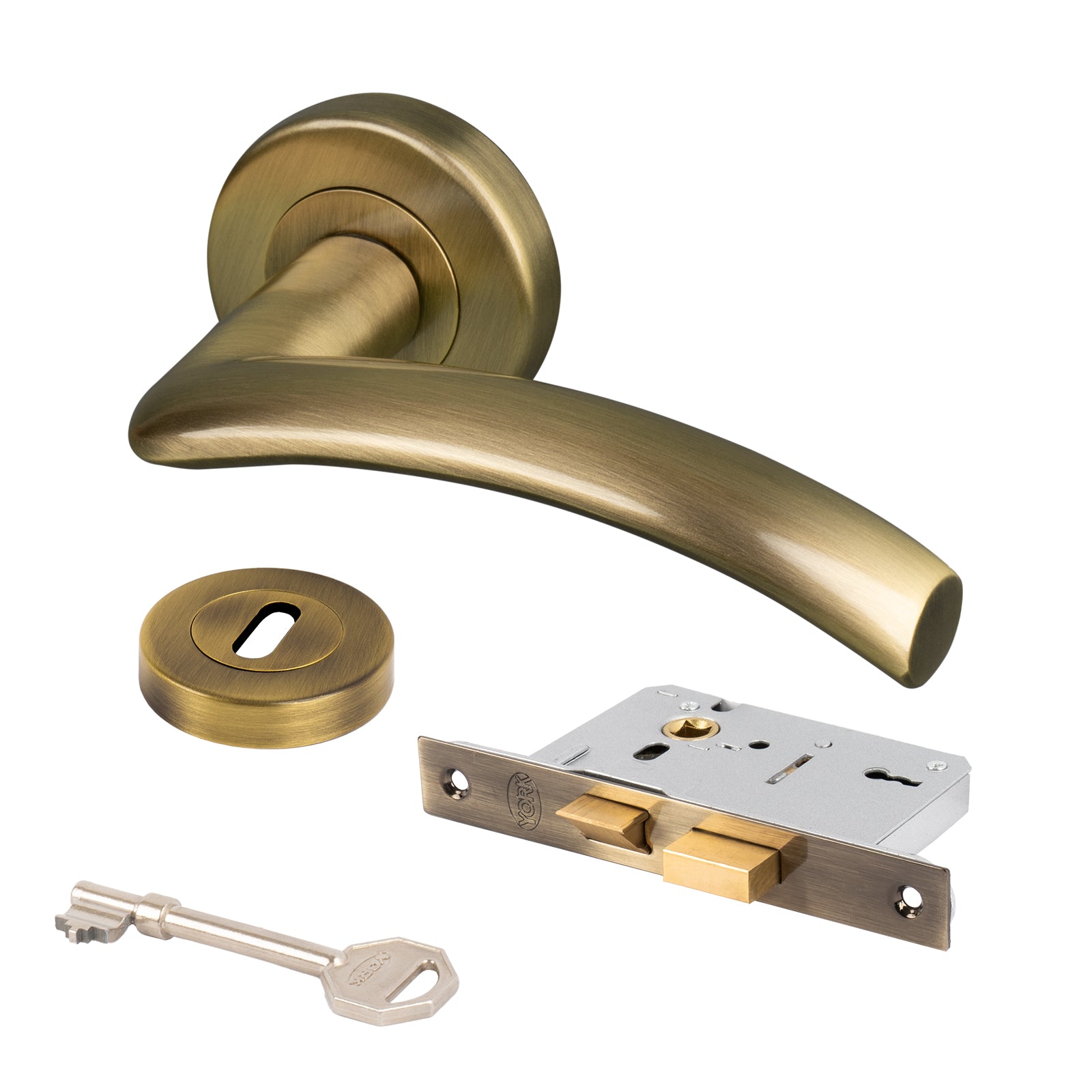 aged brass Centaur round rose handles, 3 lever lock set, keyhole cover