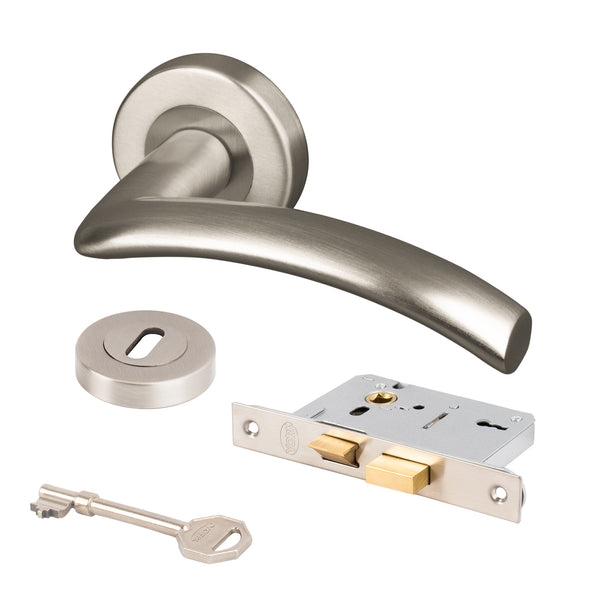 satin nickel Centaur lever on rose handles with 3 lever lock set and escutcheon