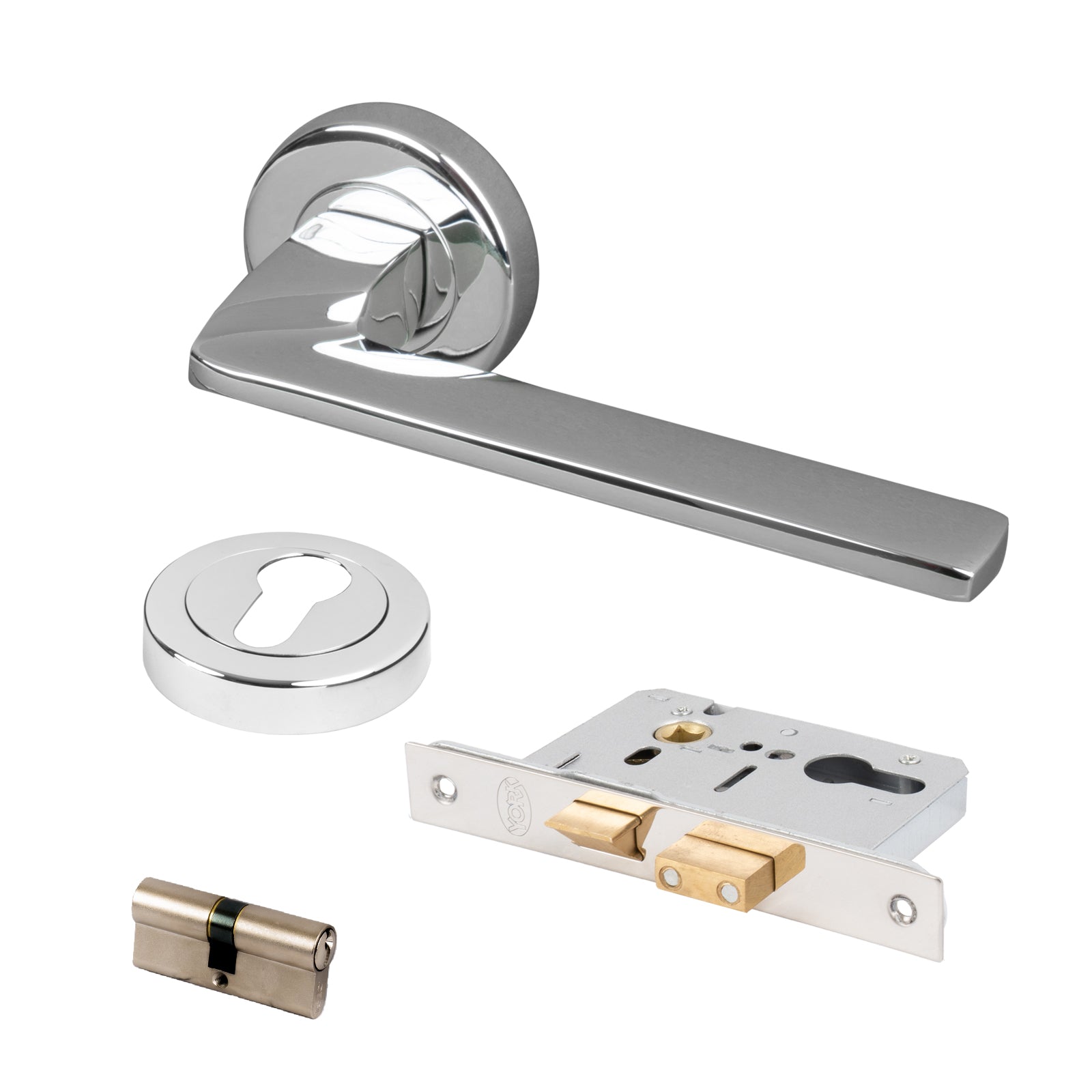 chrome front door handle set, Indigo lever on rose handles, euro profile chrome lock
