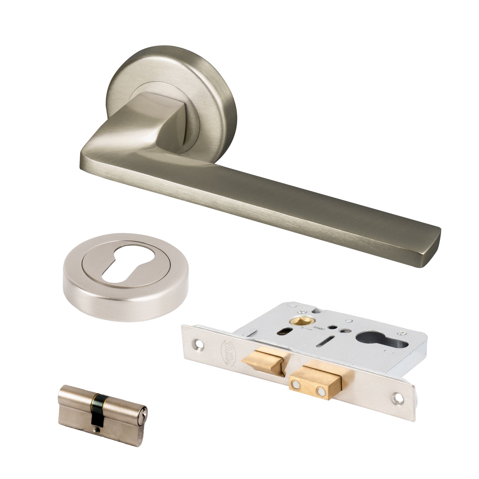 satin nickel Indigo handle set, modern lever on rose handles and euro lock