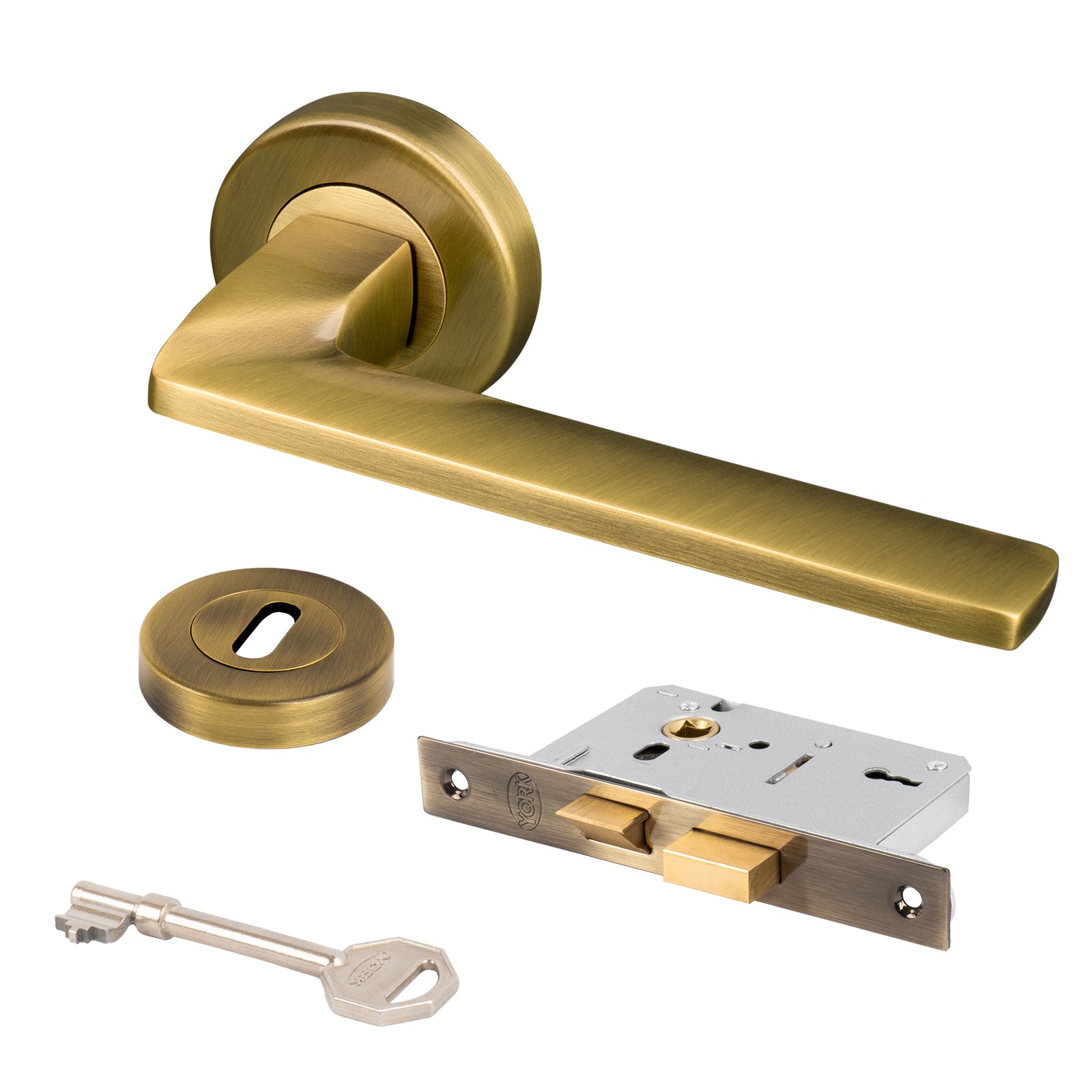 aged brass Indigo lever on rose handles 3 lever lock set